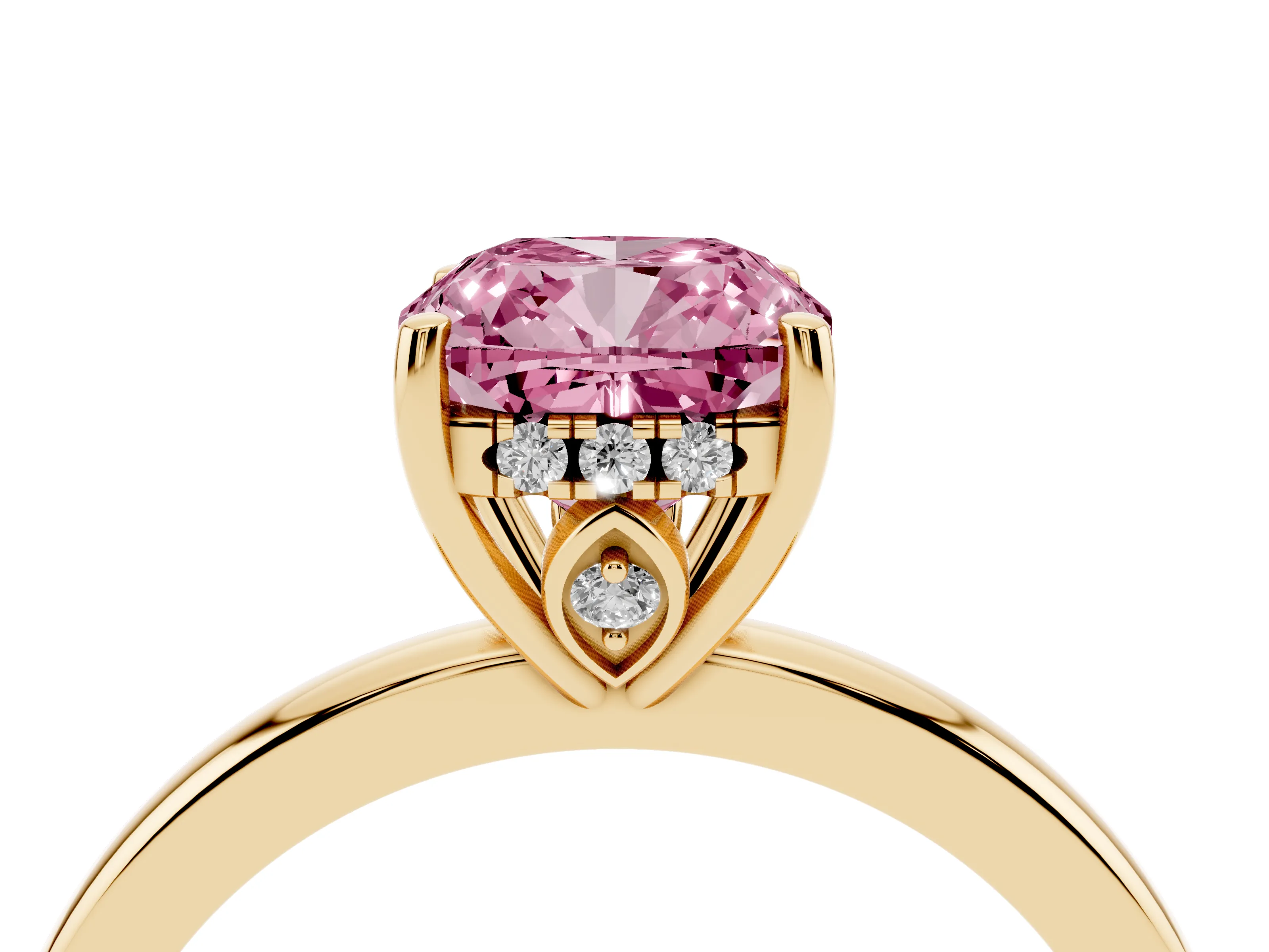 Fancy Pink Cushion Cut Diamond Solitaire Ring Set in Yellow gold with Plain Band and Prong Setting
