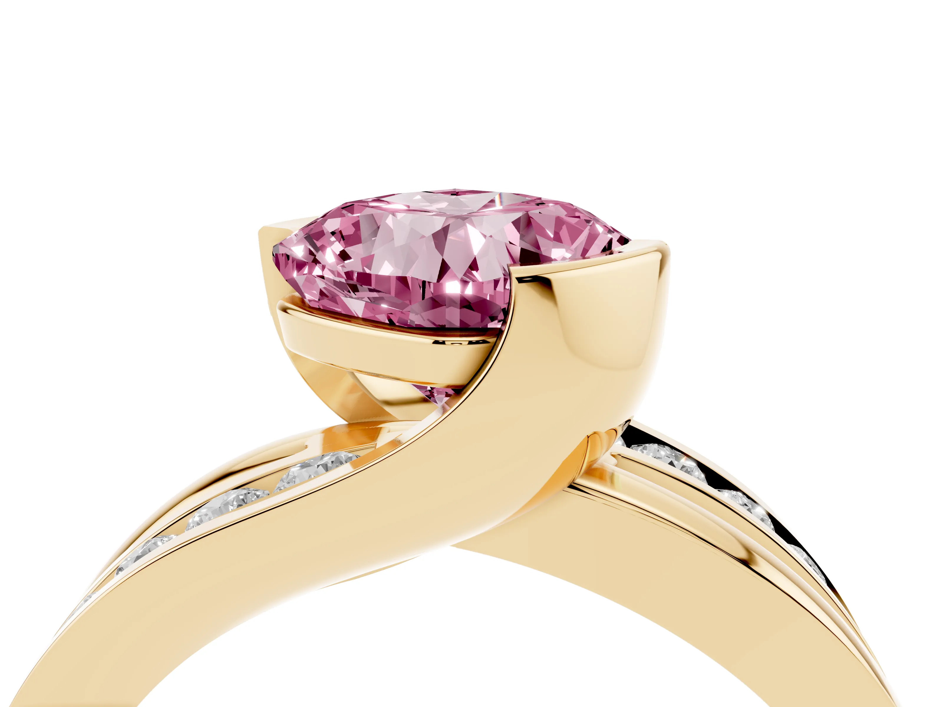 Fancy Pink Cushion Cut Diamond Solitaire Ring Set in Yellow gold with Channel Set Split Shank and Tension Prongs