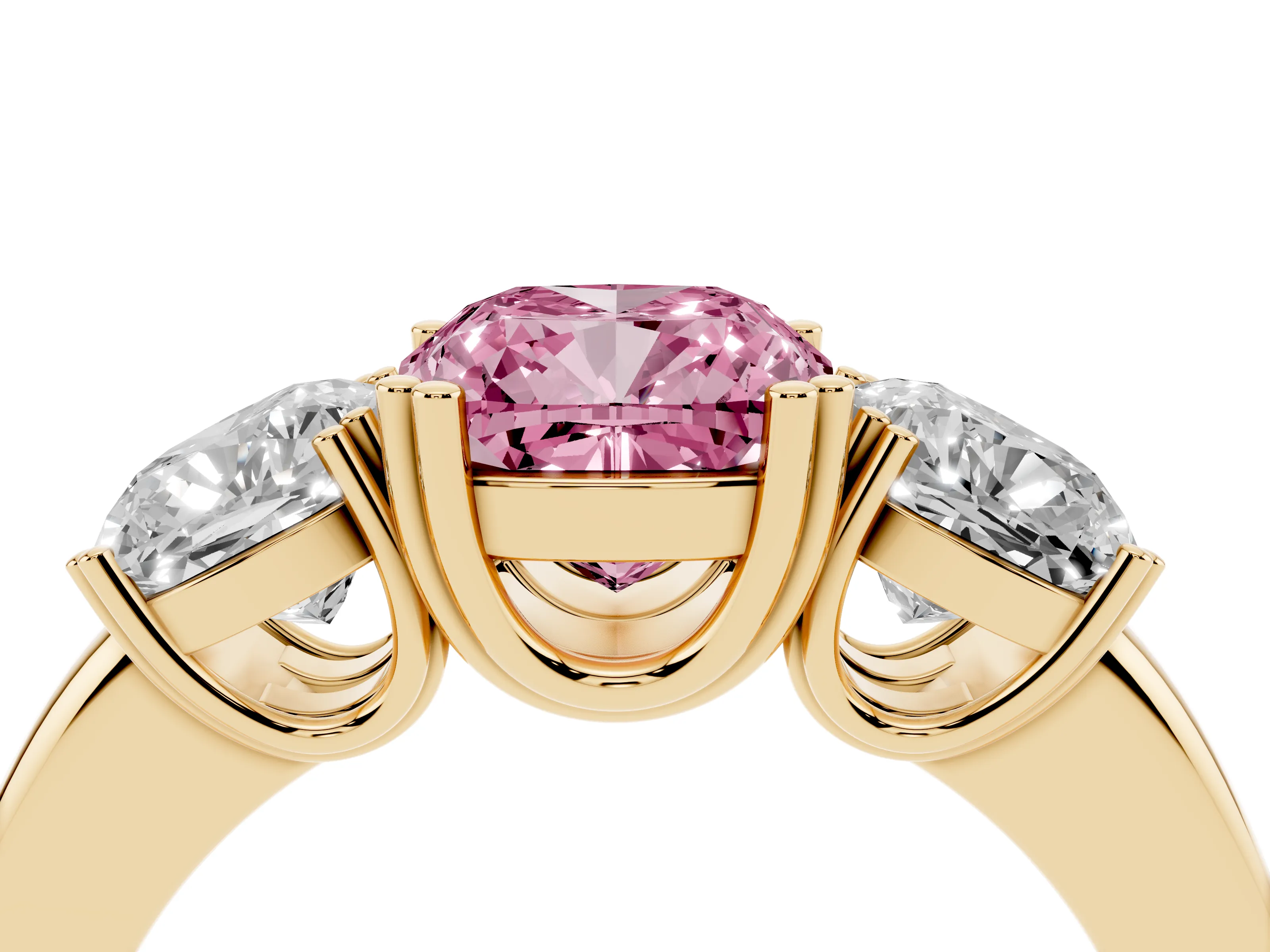 Fancy Pink Cushion Cut Diamond Three-Stone Ring Set in Yellow gold with Polished Band and Prong Setting
