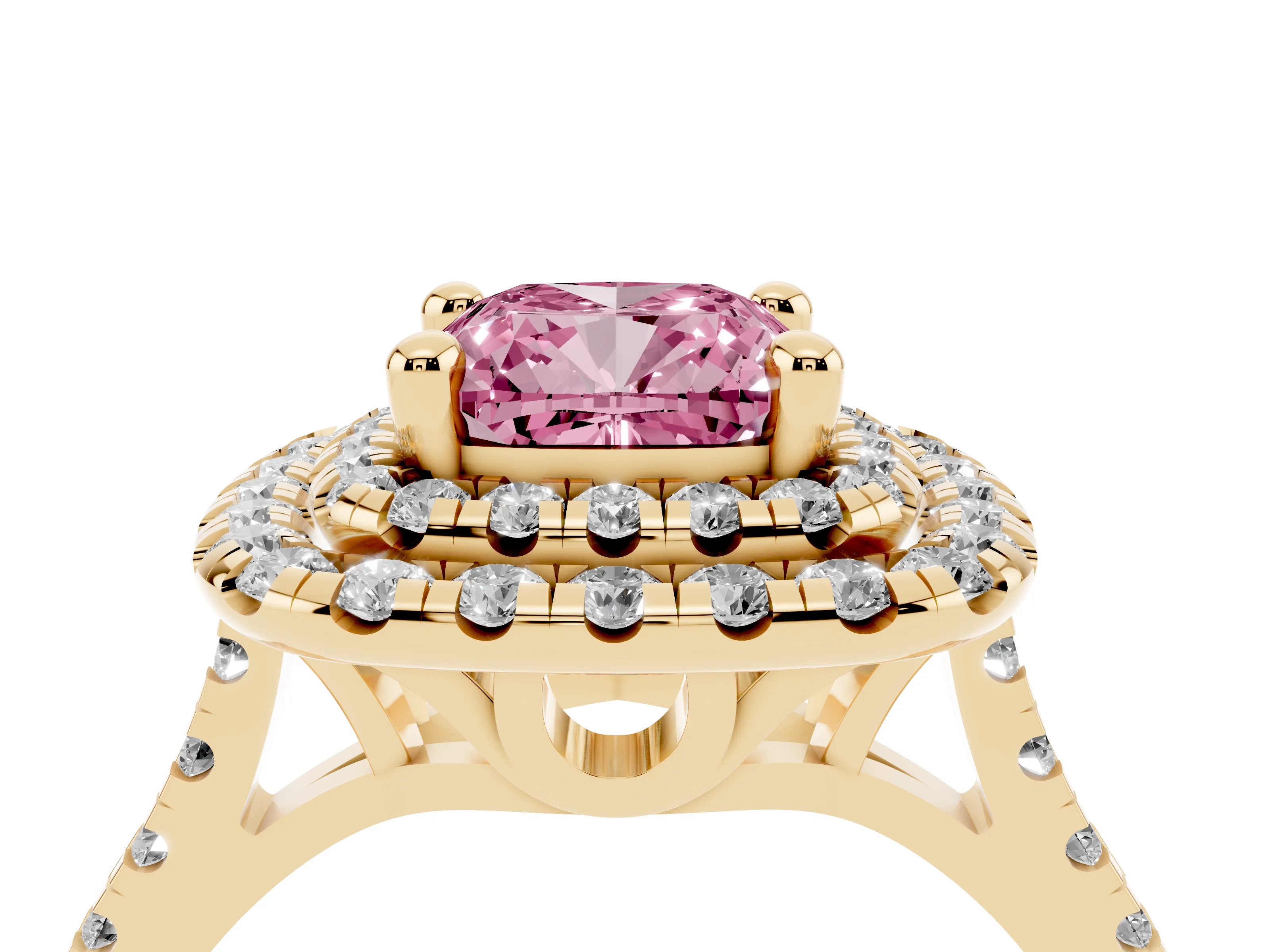 Fancy Pink Cushion Cut Diamond Double Halo Statement Ring Set in Yellow gold with Pavé Band