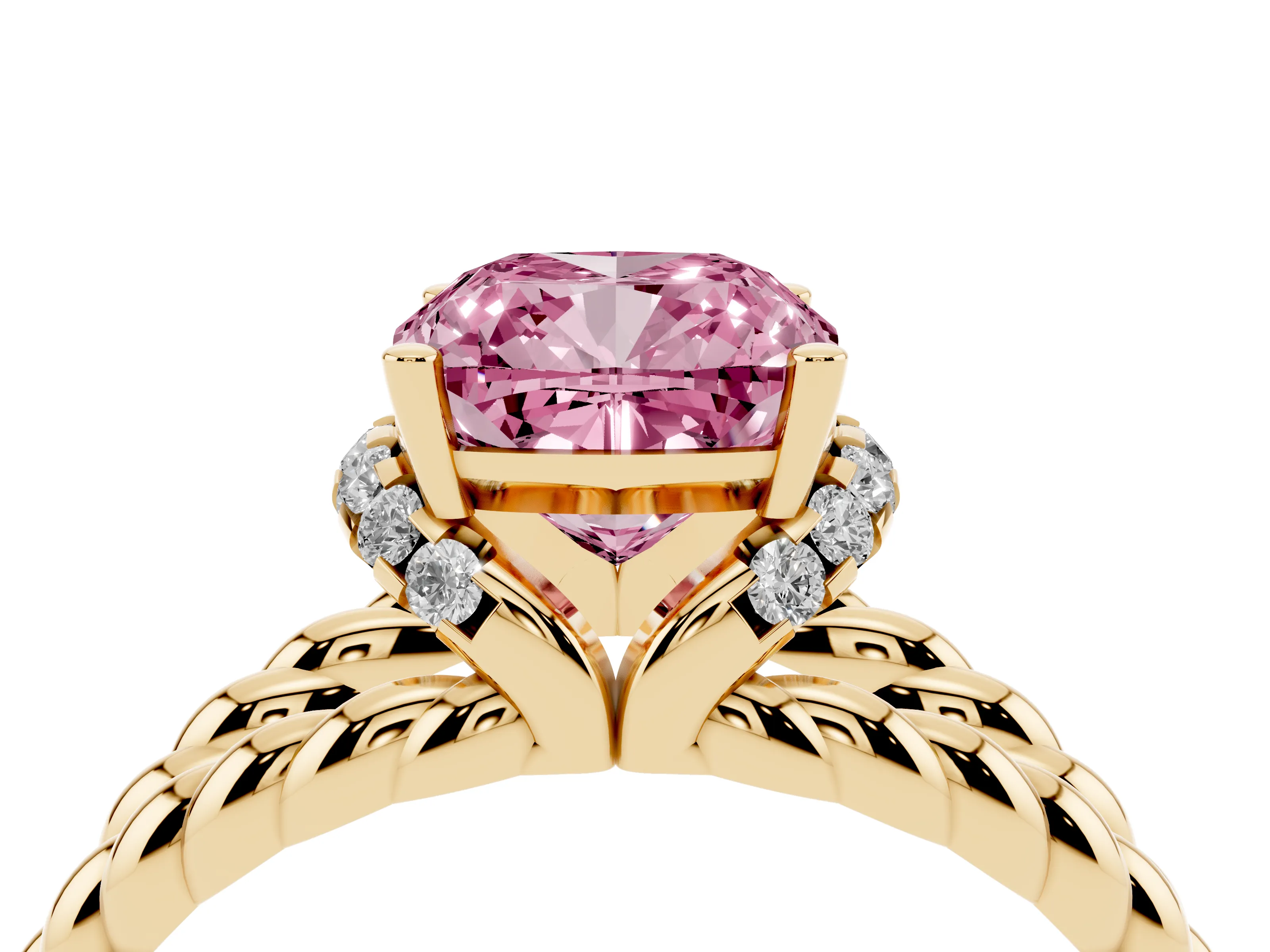 Fancy Pink Cushion Cut Diamond Halo Ring Set in Yellow gold with Twisted Band and Prong Setting