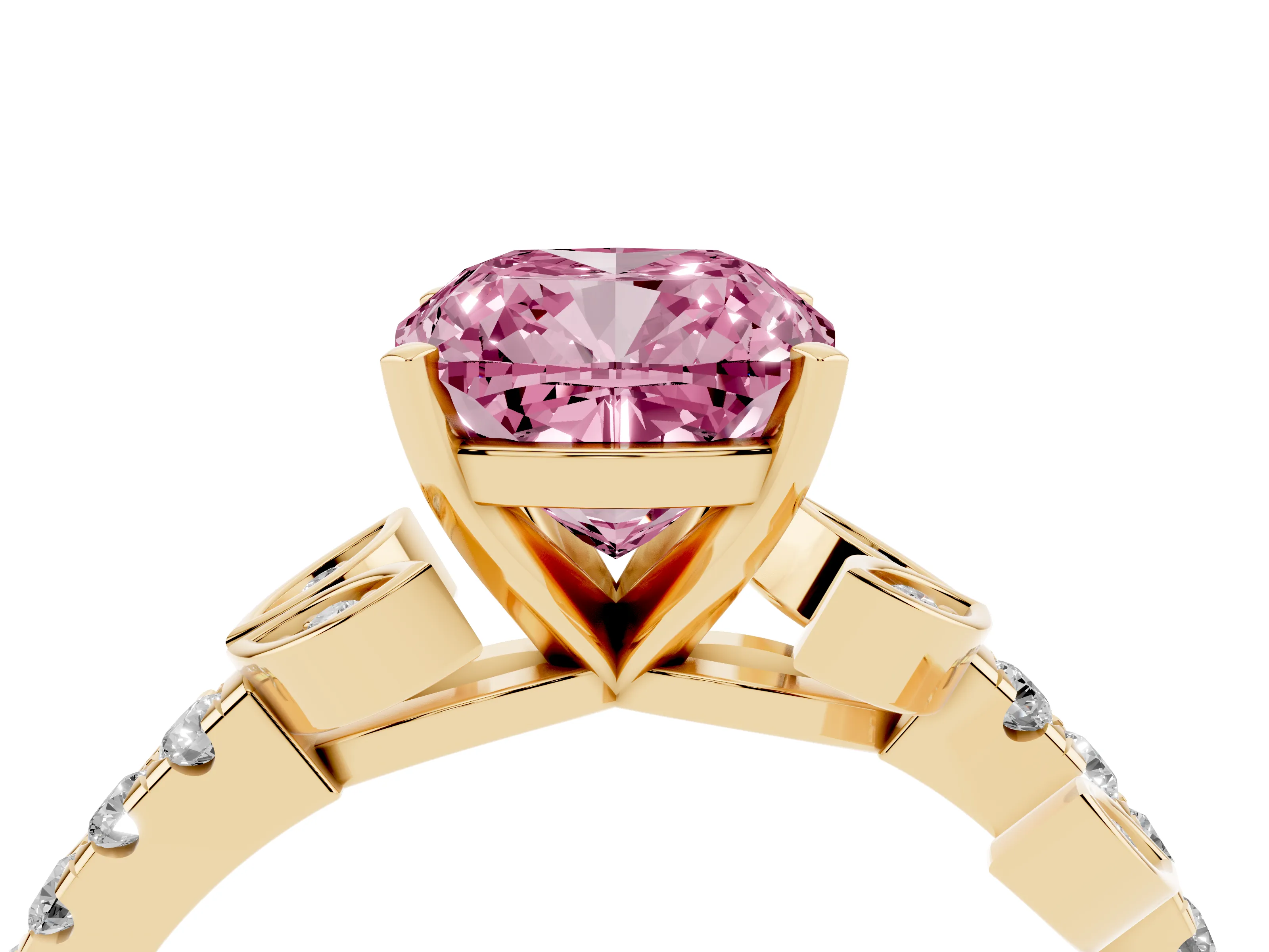 Fancy Pink Cushion Cut Diamond Solitaire Leaf-Inspired Ring Set in Yellow gold with Pavé Band and Prong Setting