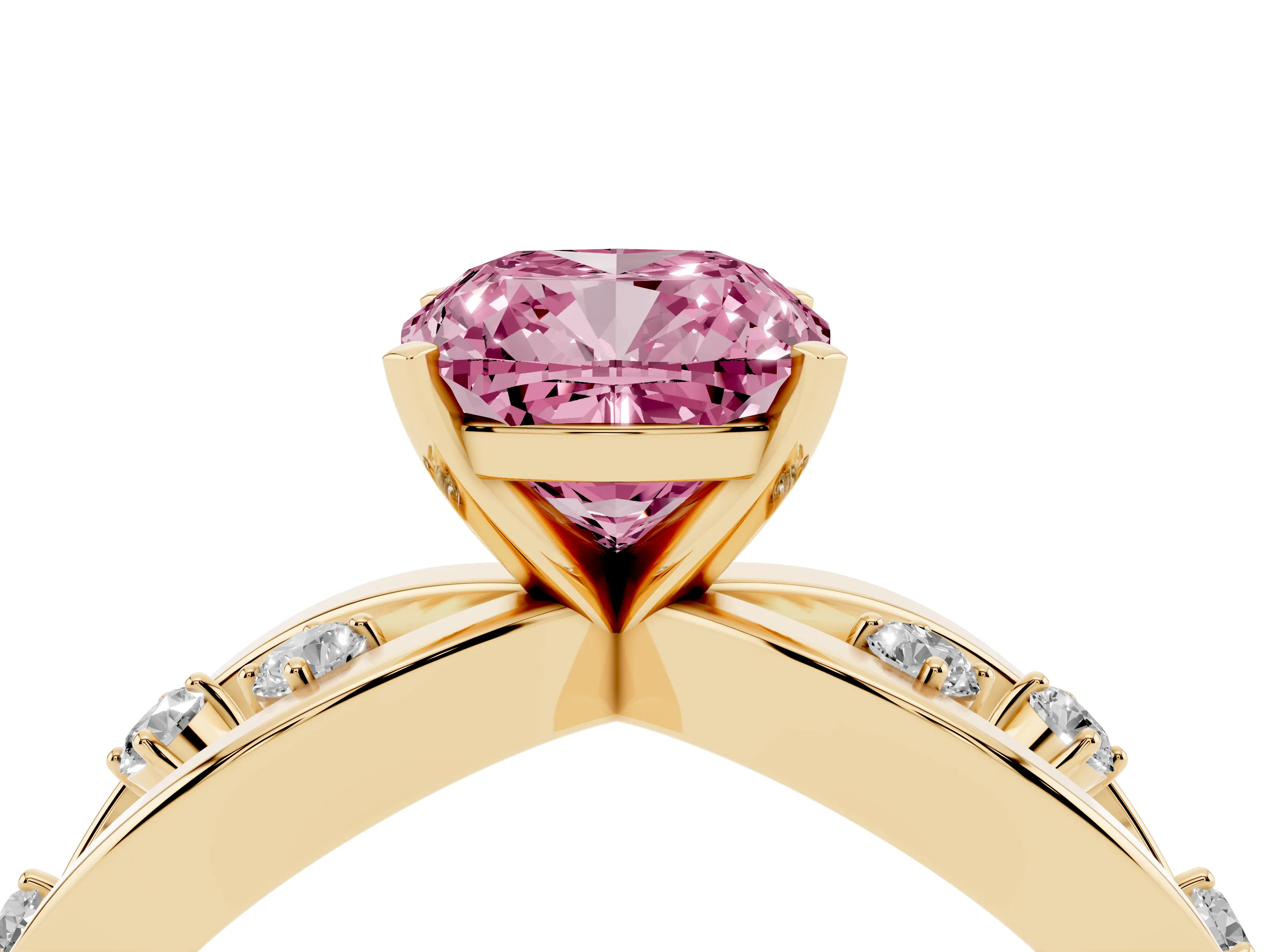 Fancy Pink Cushion Cut Diamond Solitaire Ring Set in Yellow gold with Side Stones on Criss-Cross Band and Prong Setting
