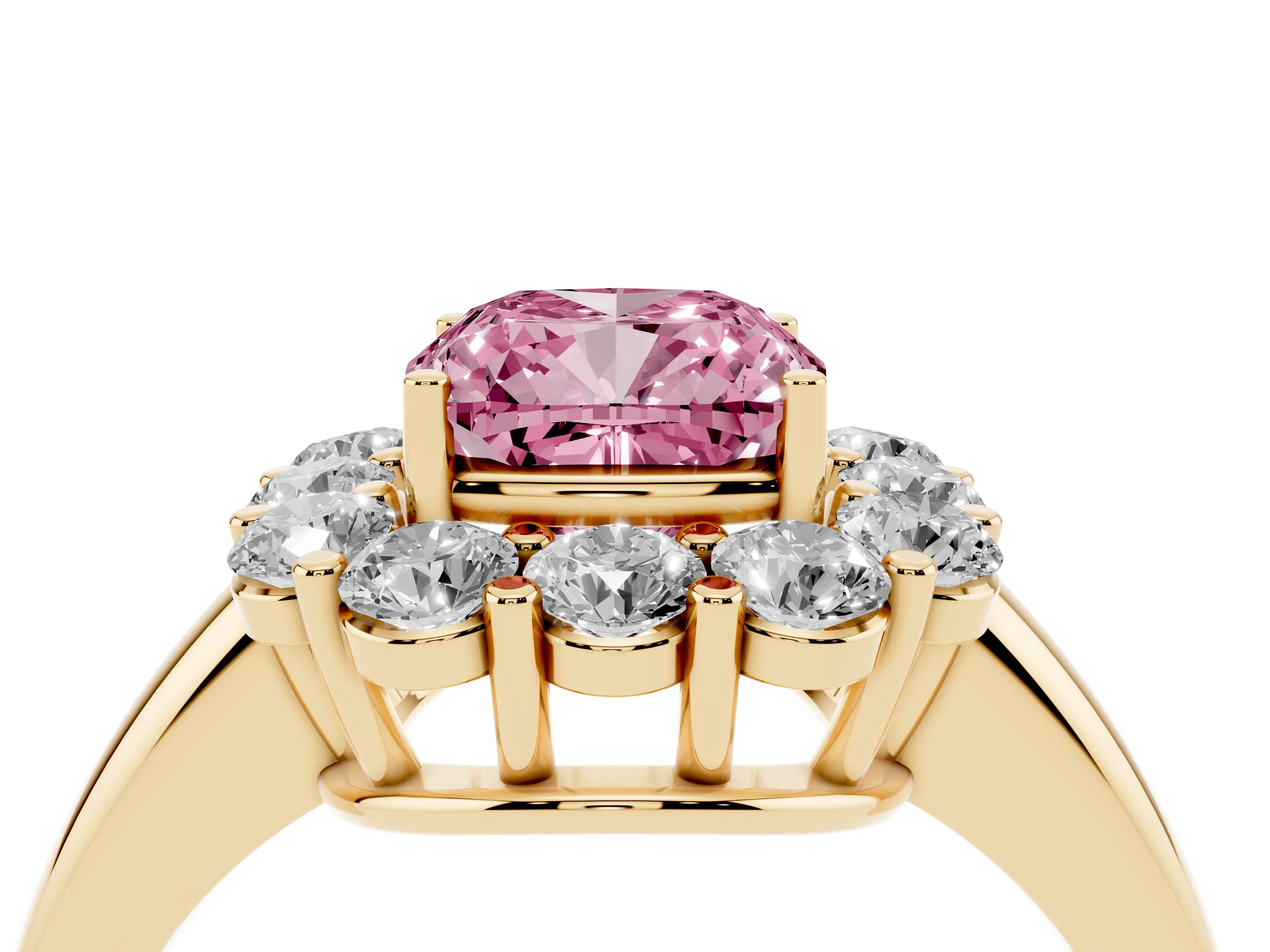 Fancy Pink Cushion Cut Diamond Halo Cluster Engagement Ring Set in Yellow gold with Polished Band and Prong Setting