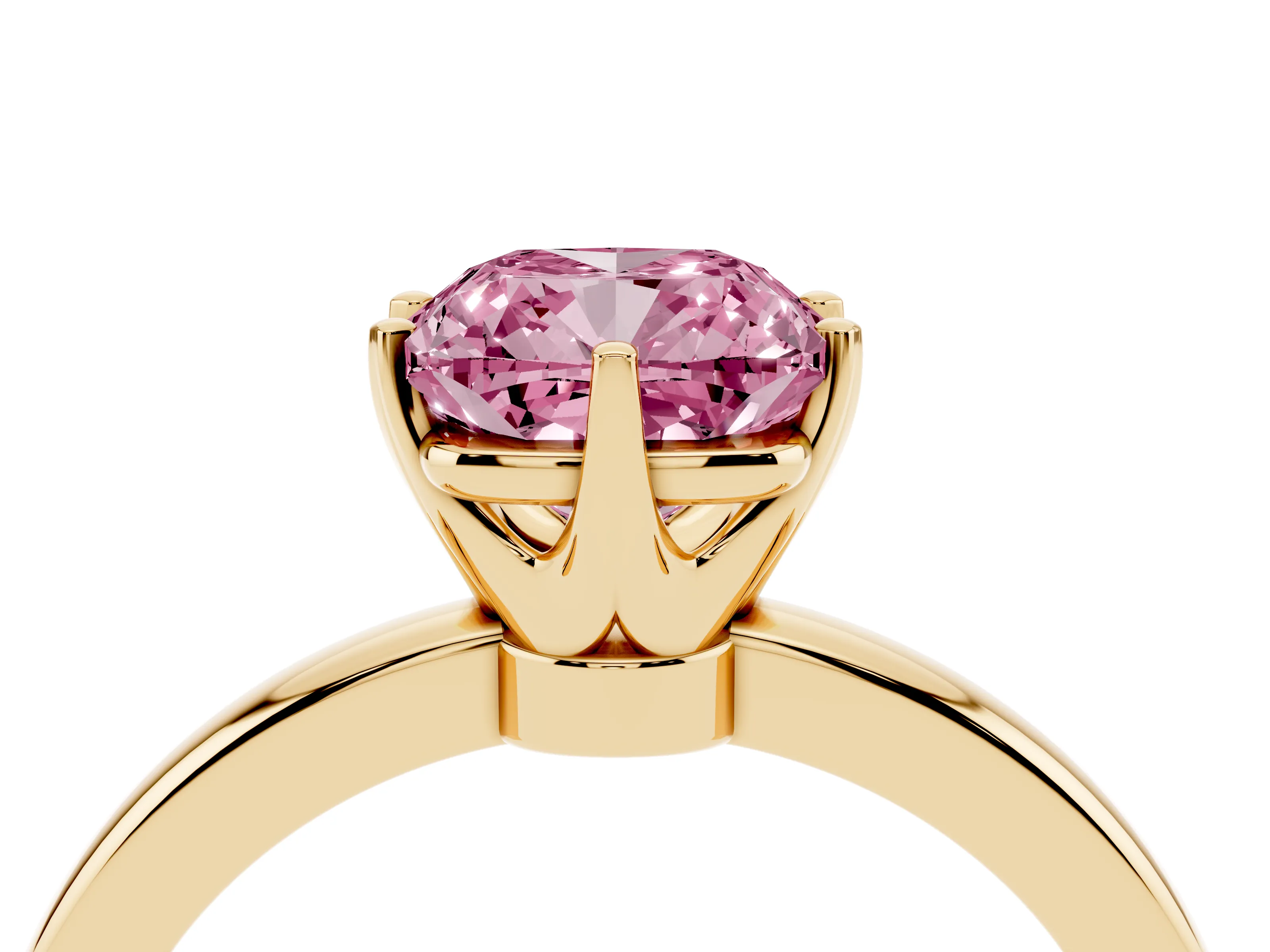 Fancy Pink Cushion Cut Diamond Solitaire Ring Set in Yellow gold with Raised Prong Setting on a Classic Band
