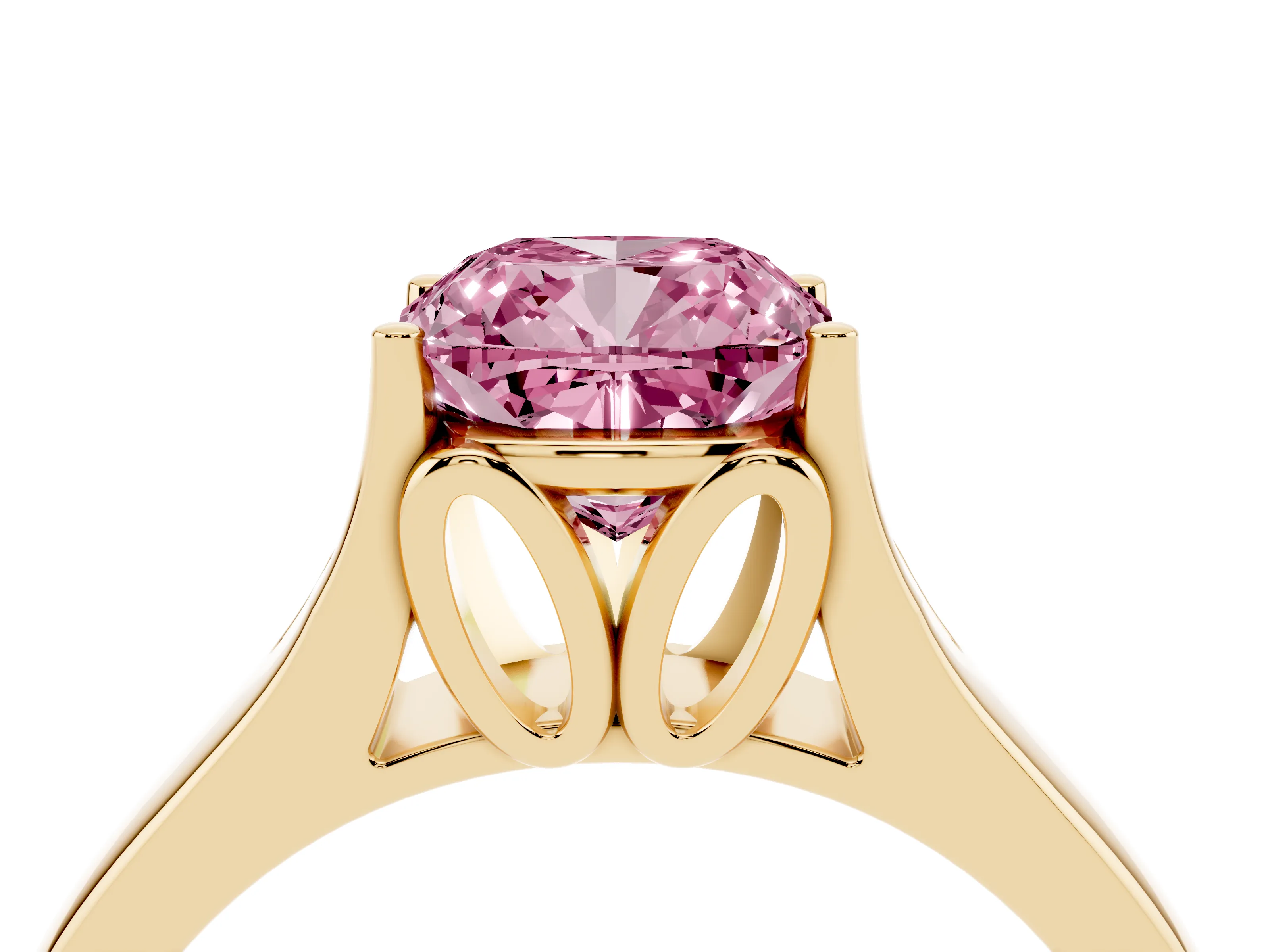 Fancy Pink Cushion Cut Diamond Solitaire Ring Set in Yellow gold with Arched Cathedral Band and Prong Setting