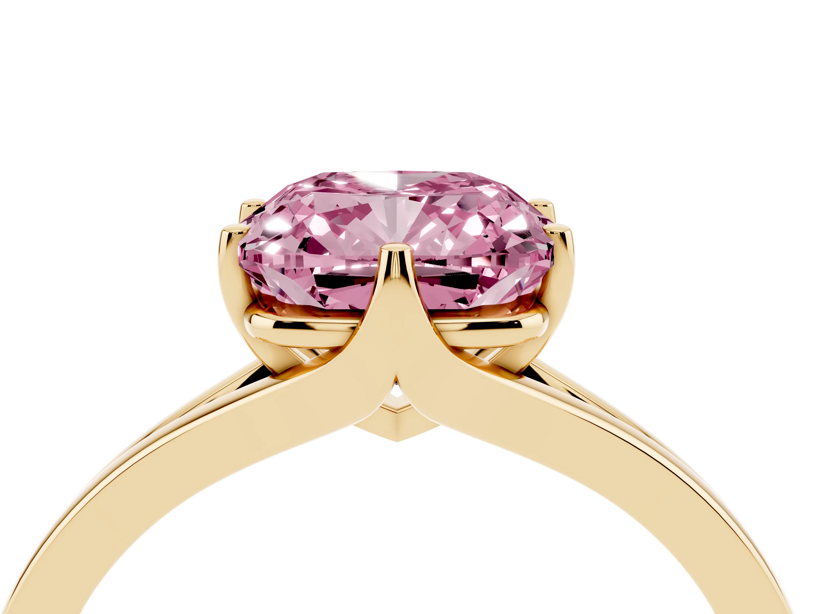Fancy Pink Cushion Cut Diamond Solitaire Ring Set in Yellow gold with Polished Tapered Band and Prong Setting