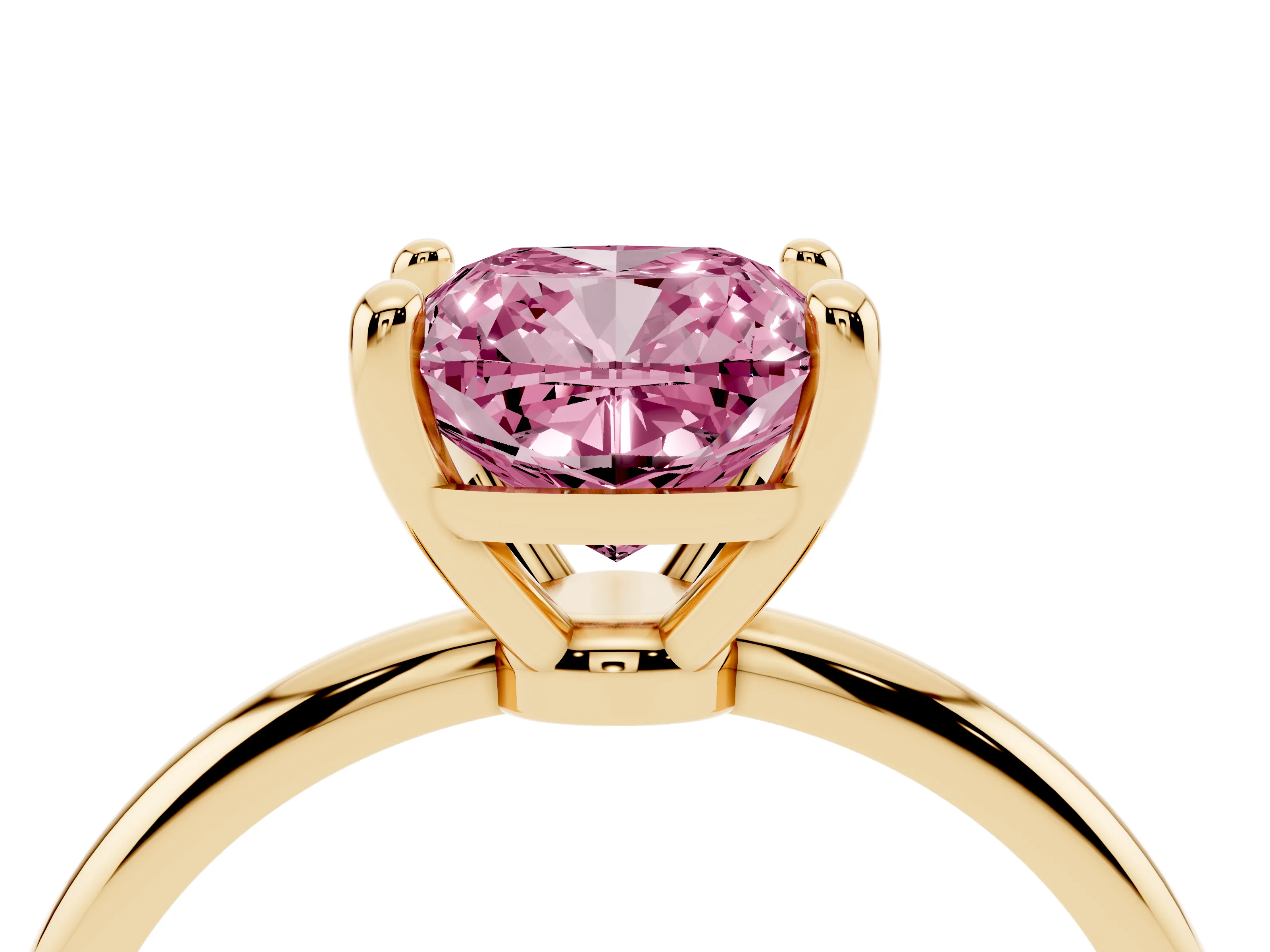 Fancy Pink Cushion Cut Diamond Solitaire Ring Set in Yellow gold with Secure Prong Setting on a Classic Band