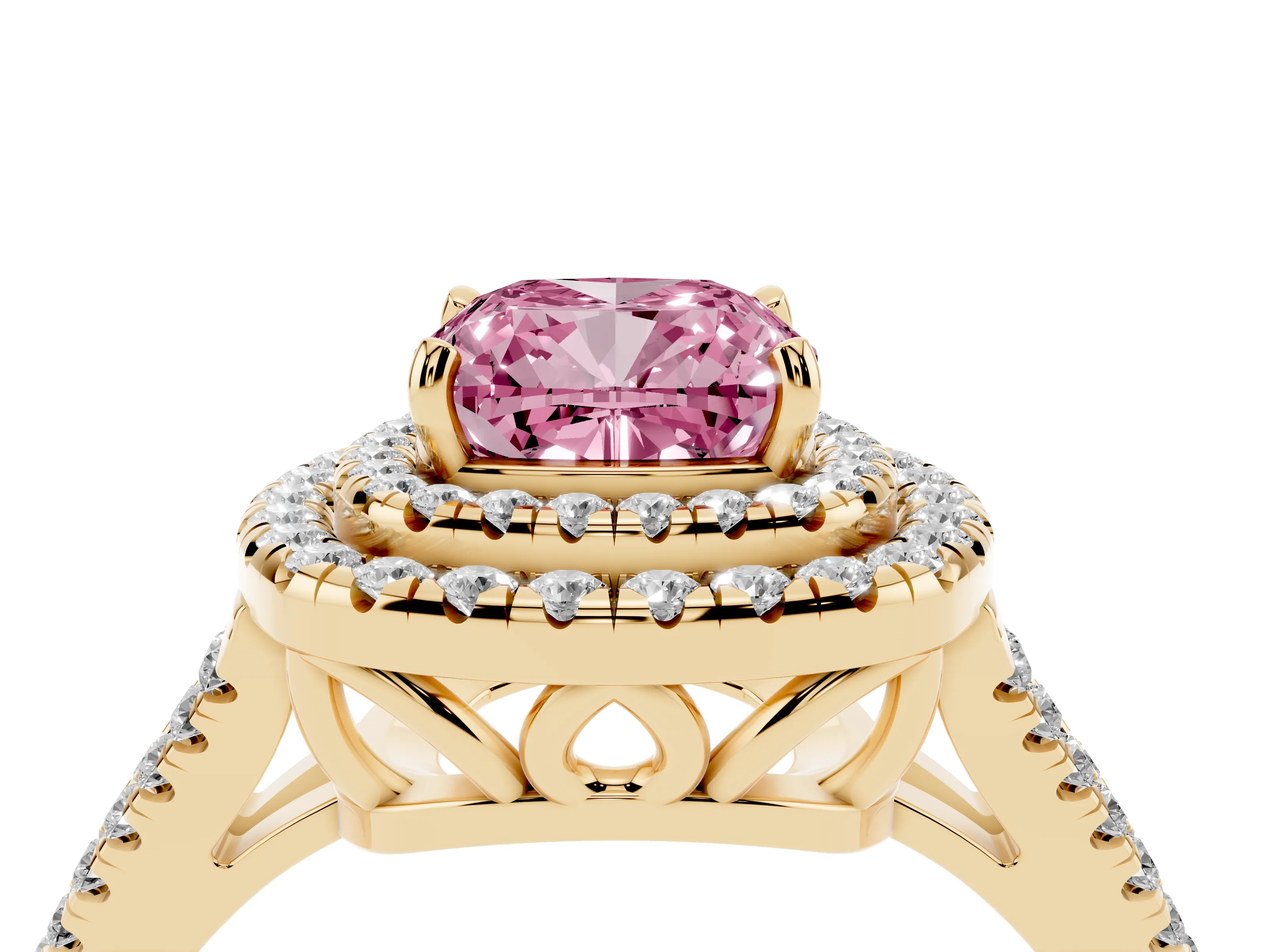 Fancy Pink Cushion Cut Diamond Double Halo Ring Set in Yellow gold with Pavé Band