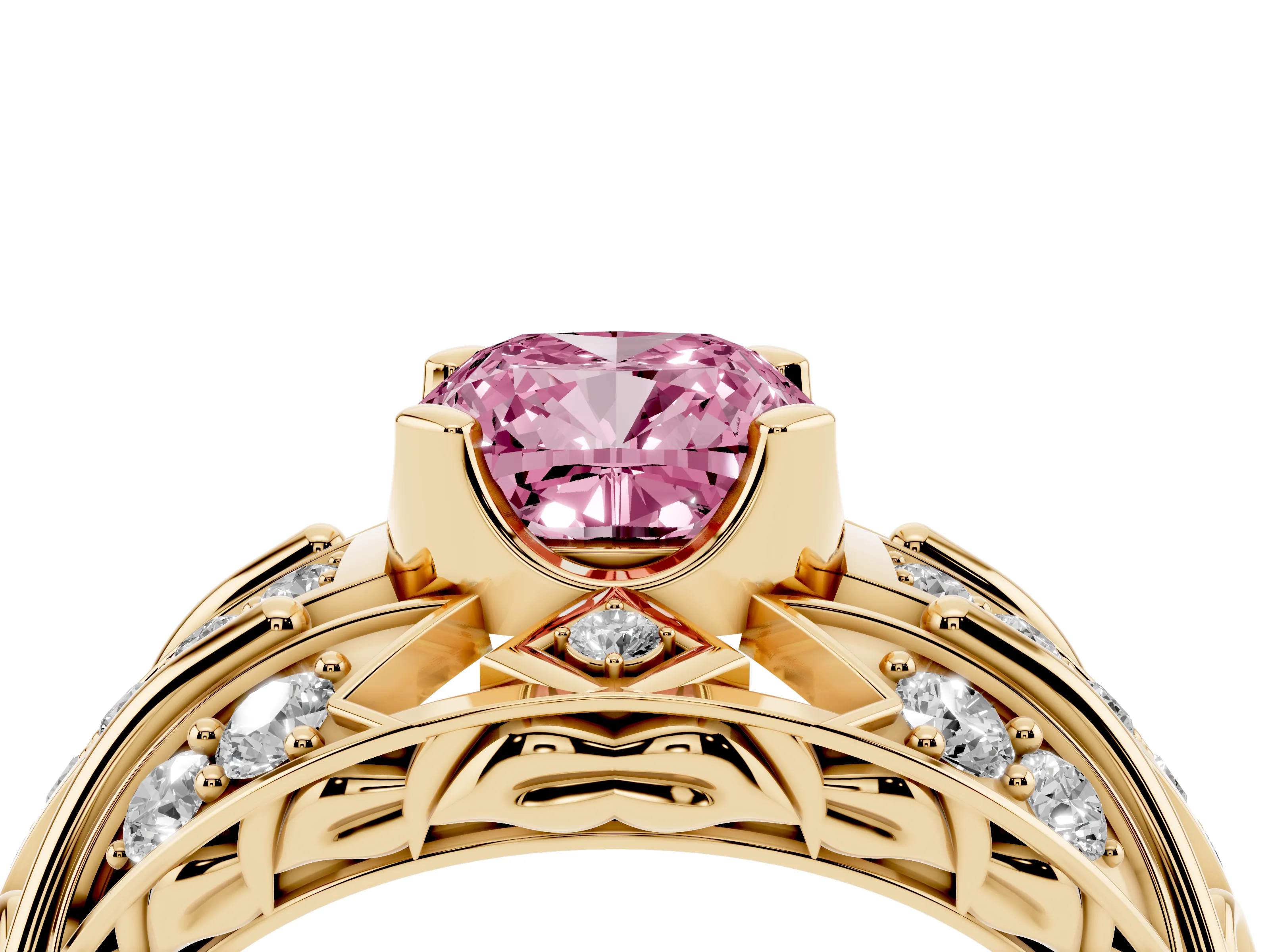 Fancy Pink Cushion Cut Diamond Art Deco Ring Set in Yellow gold with Pavé Split Shank
