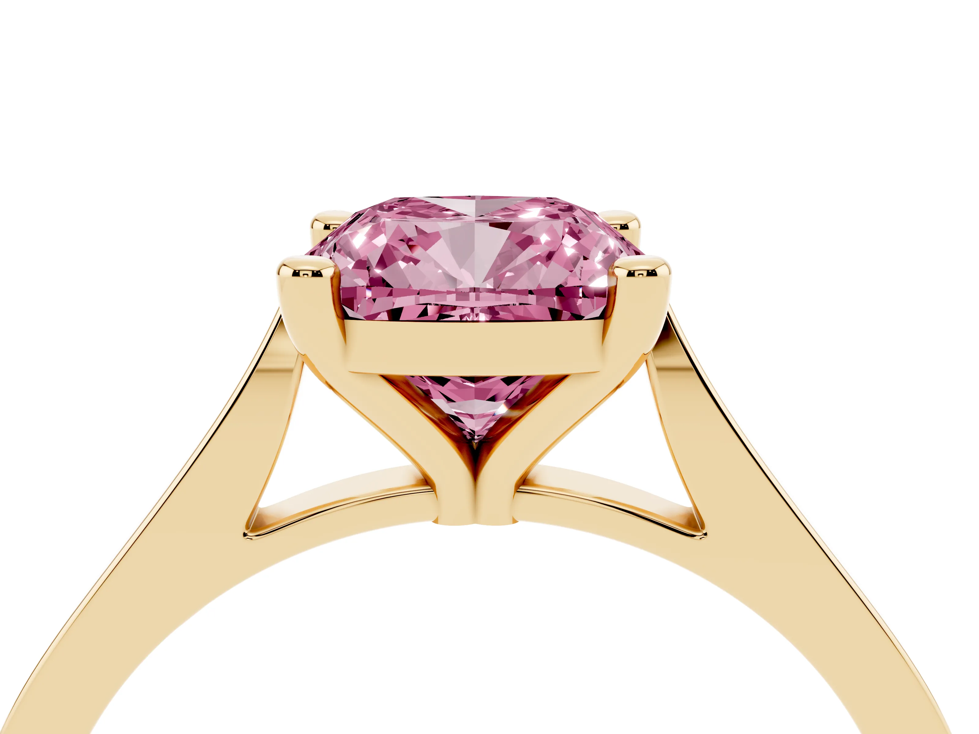 Fancy Pink Cushion Cut Diamond Solitaire Ring Set in Yellow gold with Prong Setting and Tapered Band