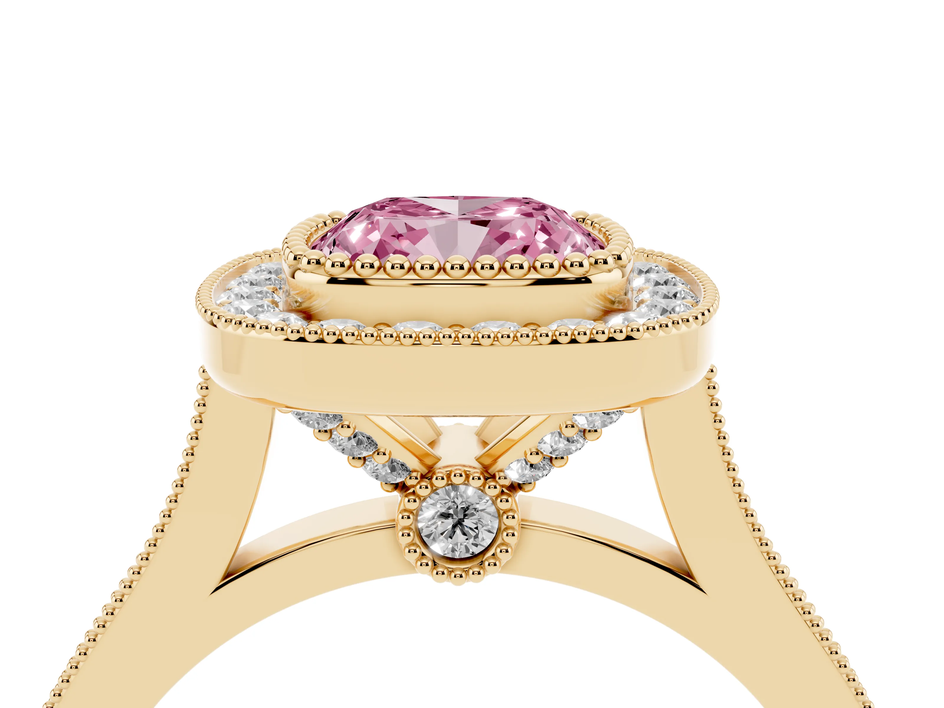 Fancy Pink Cushion Cut Diamond Halo Ring Set in Yellow gold with Milgrain Frame and Pavé Band
