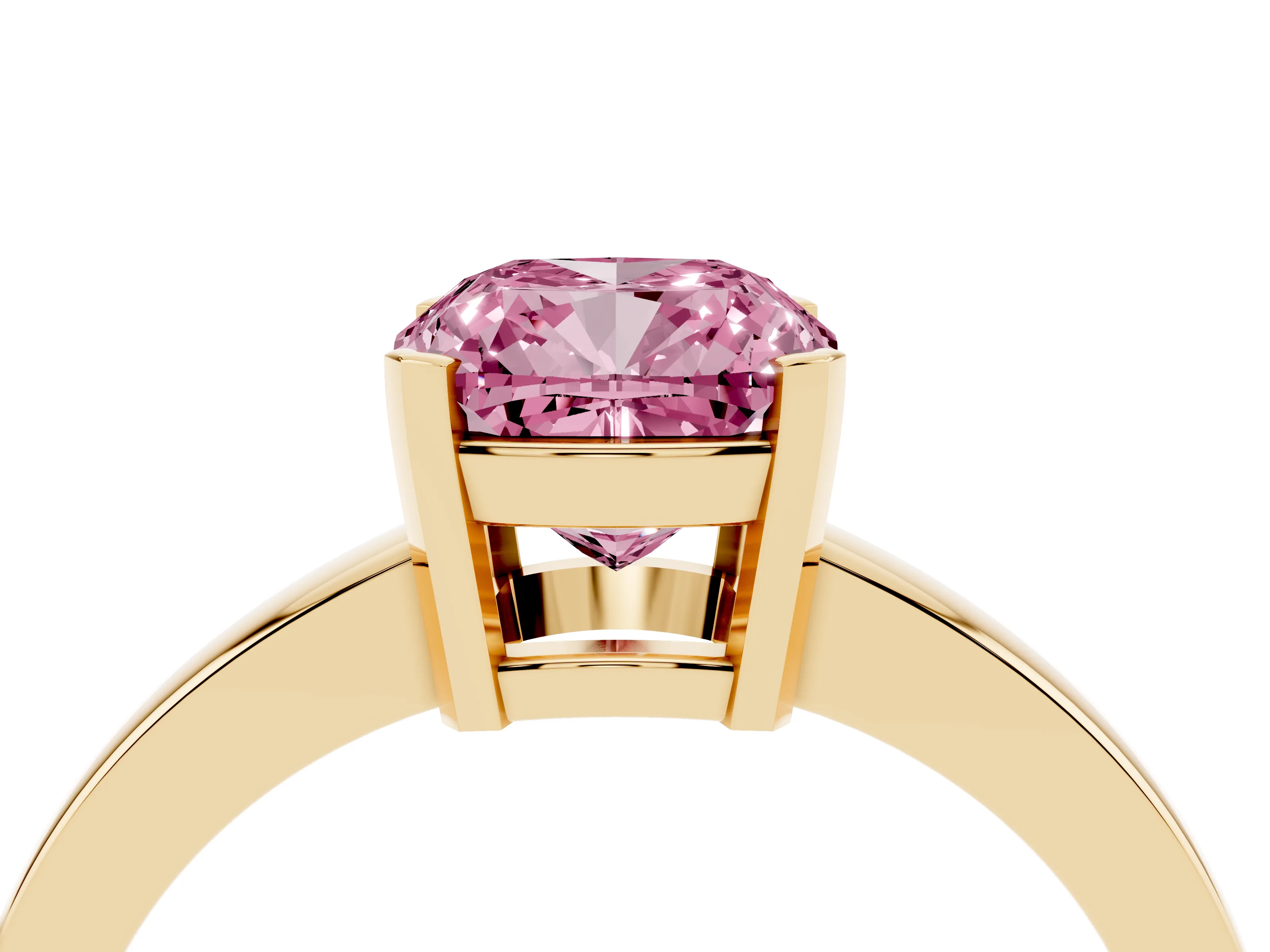 Fancy Pink Cushion Cut Diamond Solitaire Ring Set in Yellow gold with Prong Head and Smooth Polished Band
