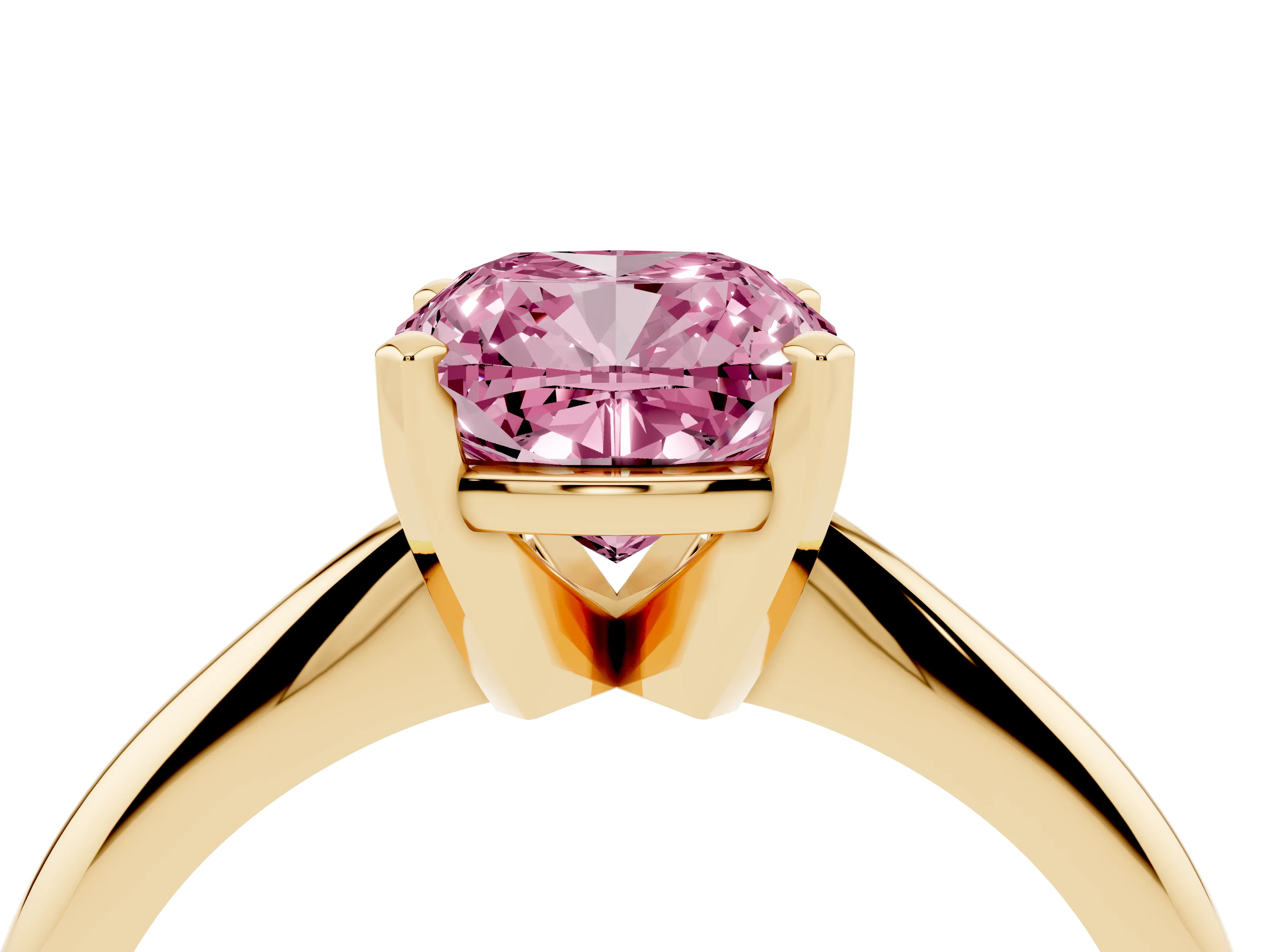 Fancy Pink Cushion Cut Diamond Solitaire Ring Set in Yellow gold with Prong Setting on a Plain Round Band
