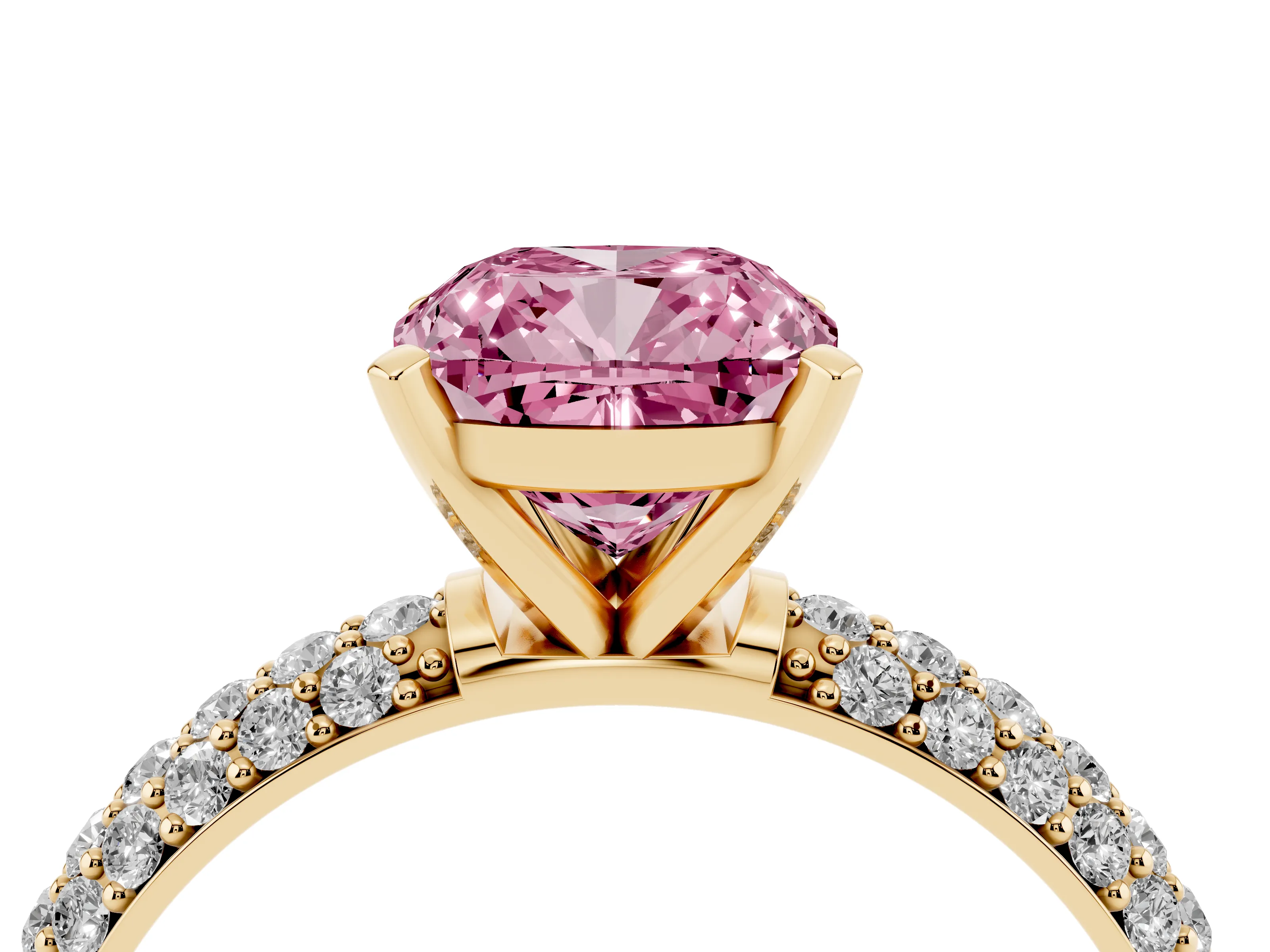 Fancy Pink Cushion Cut Diamond Solitaire Ring Set in Yellow gold with Prong Setting and Pavé-Set Band
