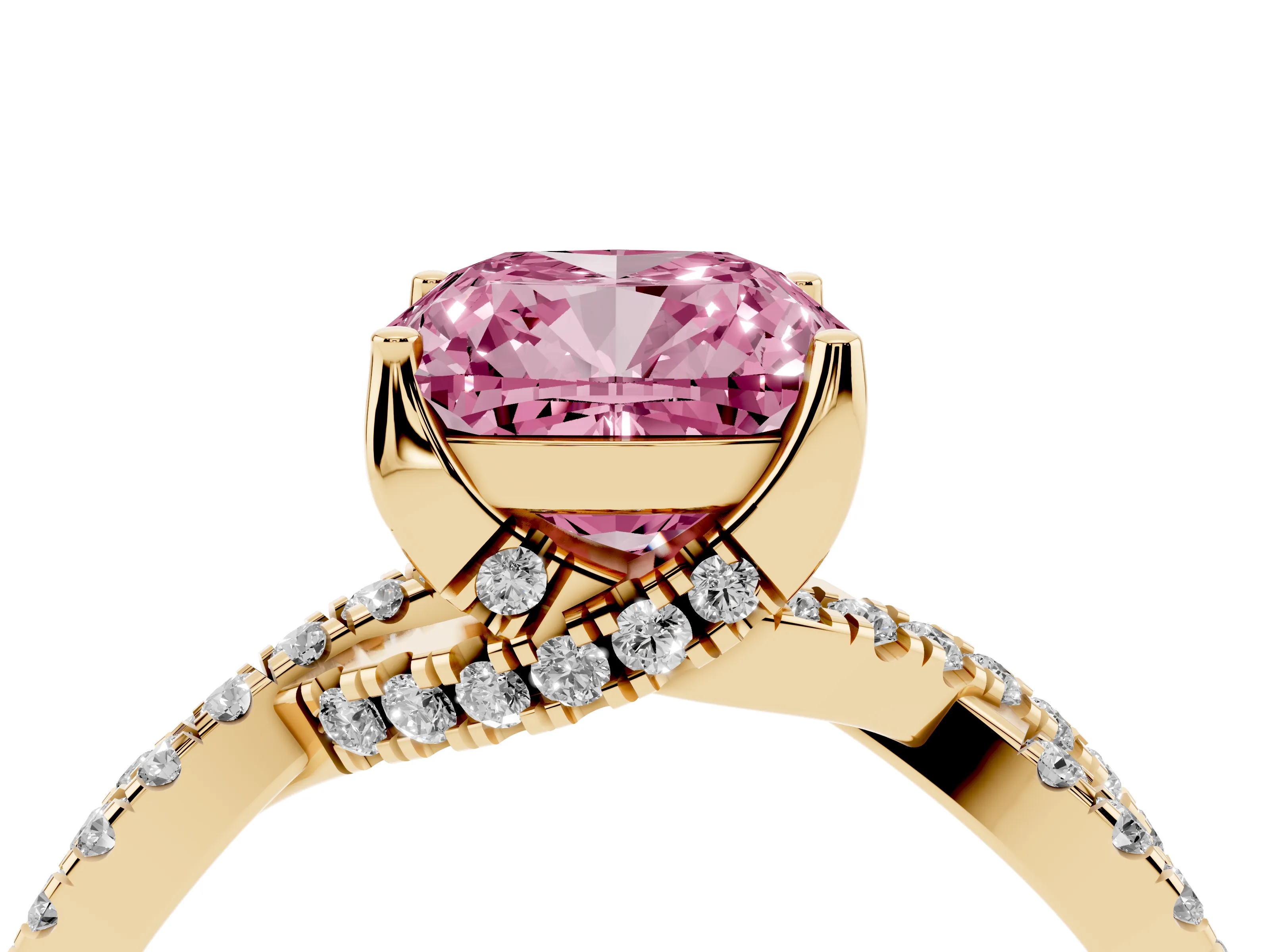 Fancy Pink Cushion Cut Diamond Twist Pavé Solitaire Engagement Ring Set in Yellow gold with Prong Setting