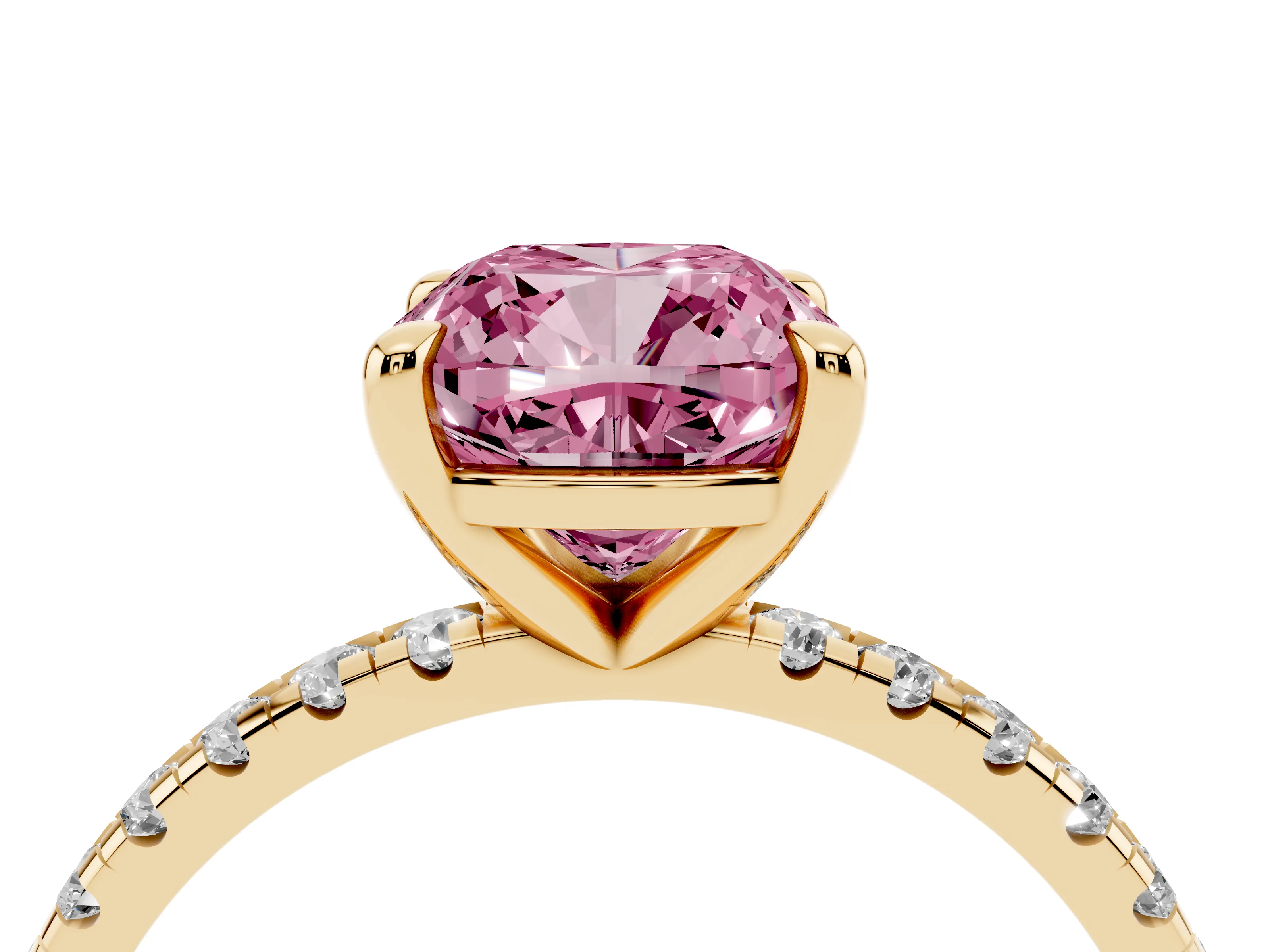 Fancy Pink Cushion Cut Diamond Brilliant Solitaire Ring Set in Yellow gold with Pavé Band and Prong Setting