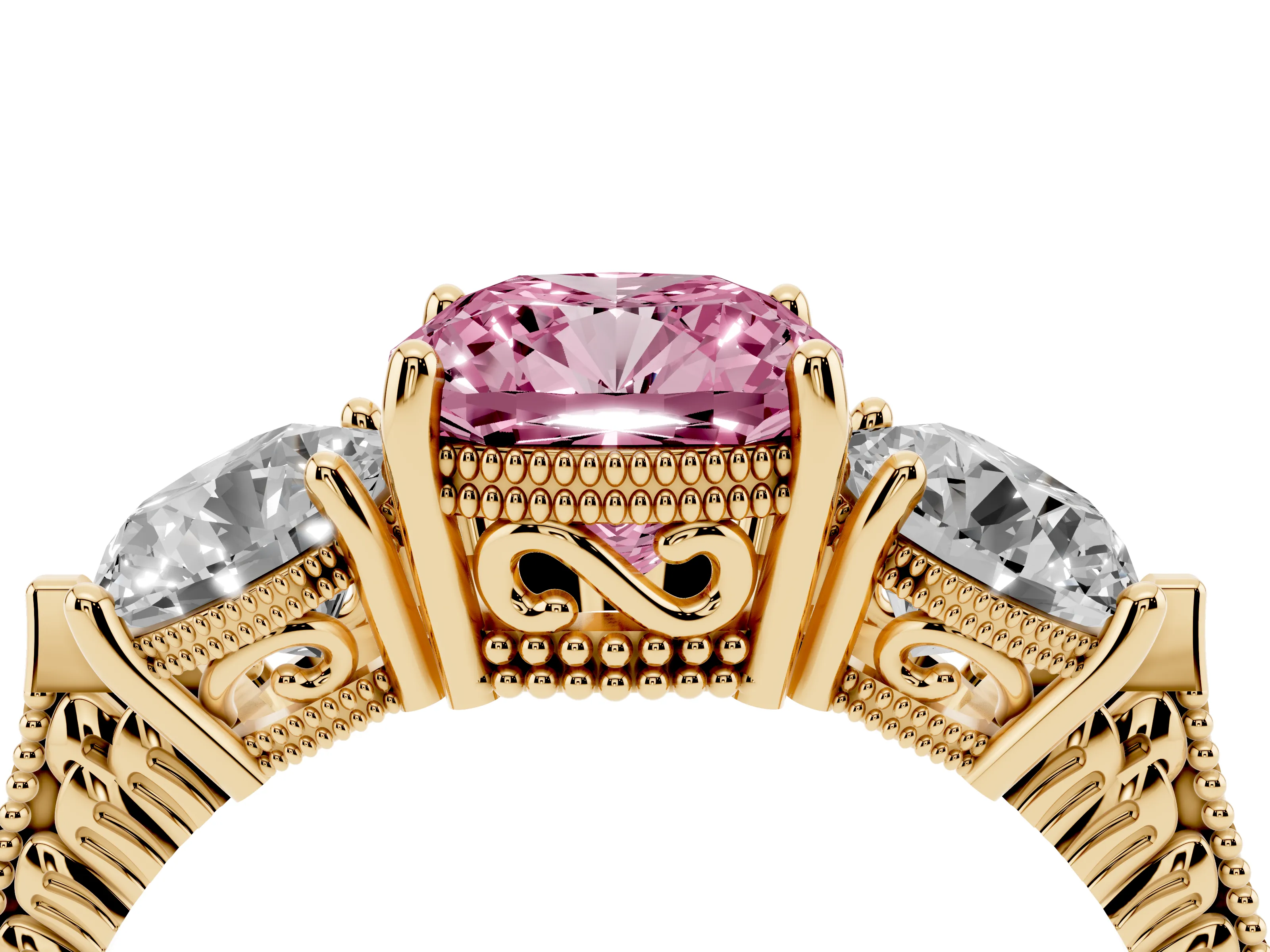 Fancy Pink Cushion Cut Diamond Three-Stone Ring Set in Yellow gold with Milgrain Band