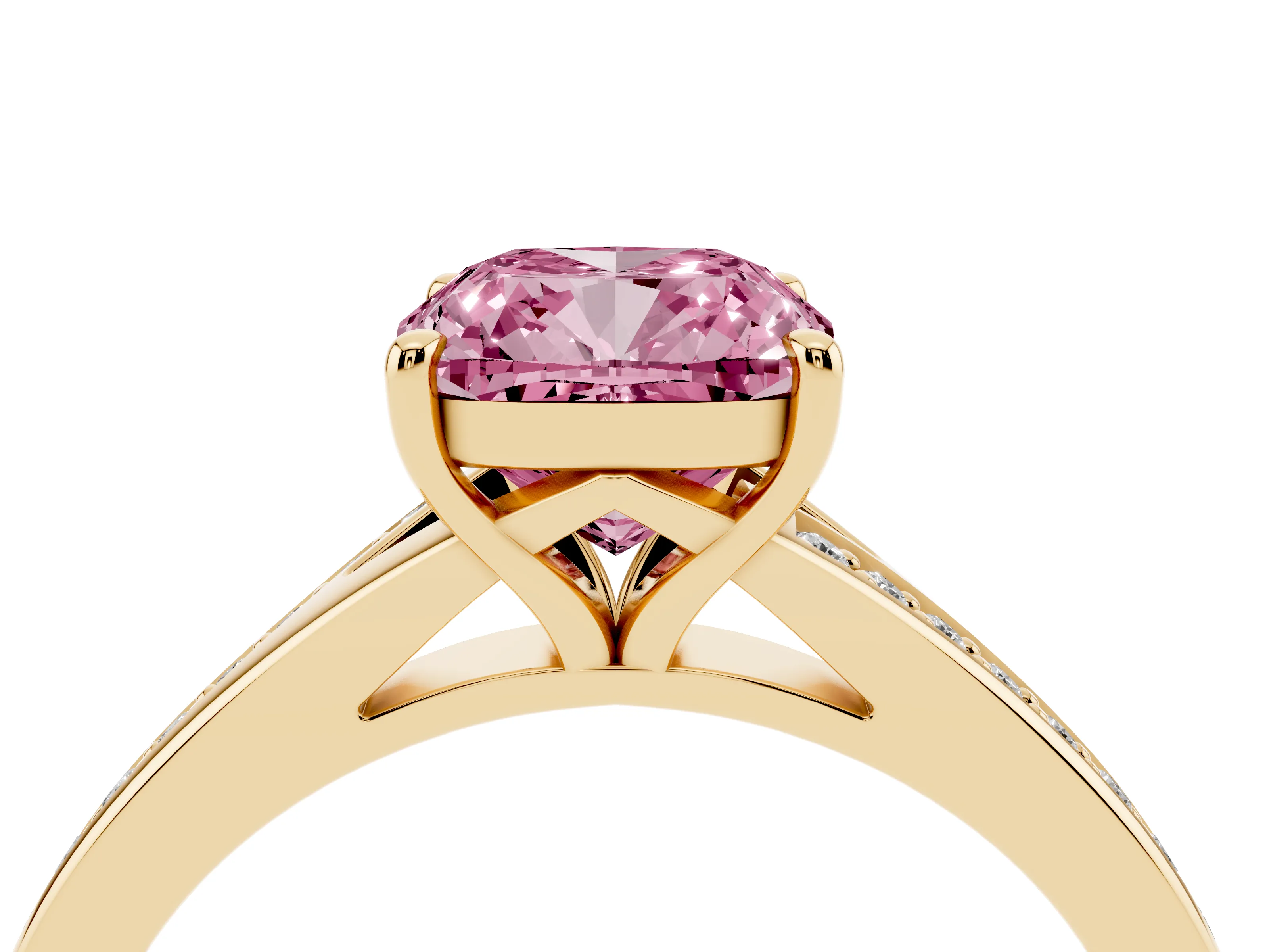 Fancy Pink Cushion Cut Diamond Solitaire Ring Set in Yellow gold with Pavé Accent Band and Classic Prong Setting