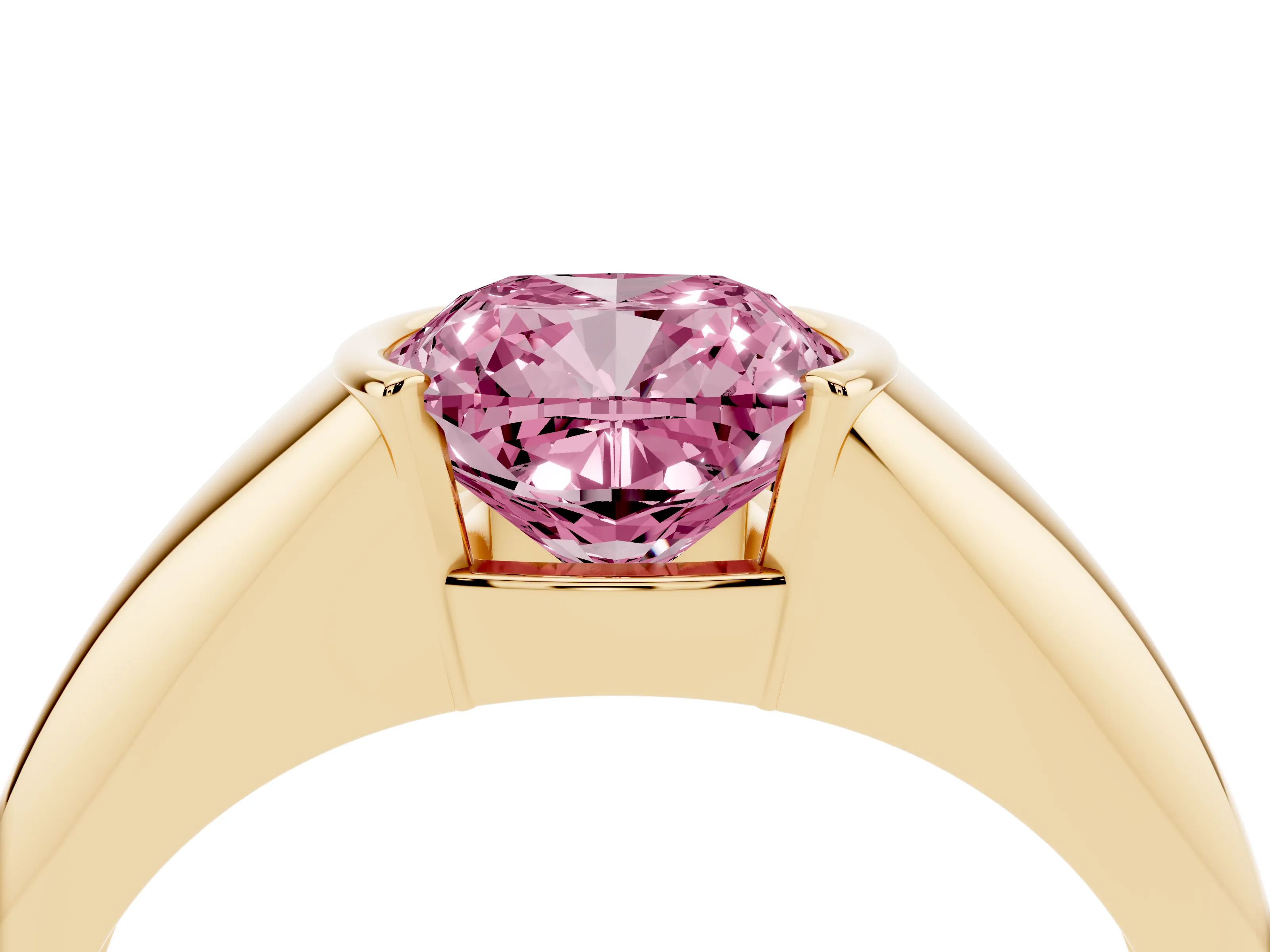 Fancy Pink Cushion Cut Diamond Solitaire Tension Set Ring Set in Yellow gold