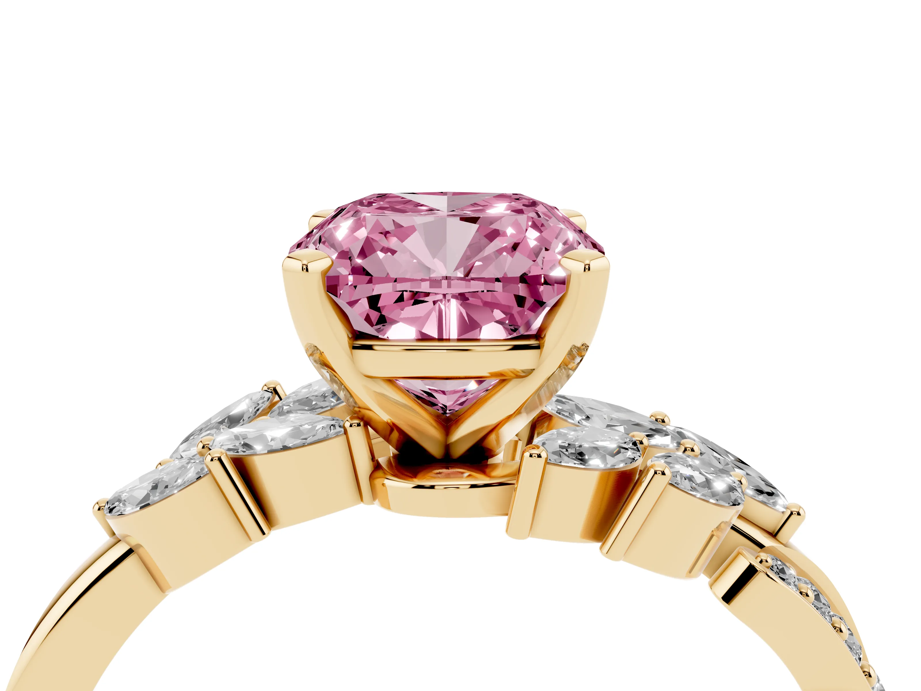 Fancy Pink Cushion Cut Diamond Solitaire Ring Set in Yellow gold with Marquise Twist Band and Prong Setting