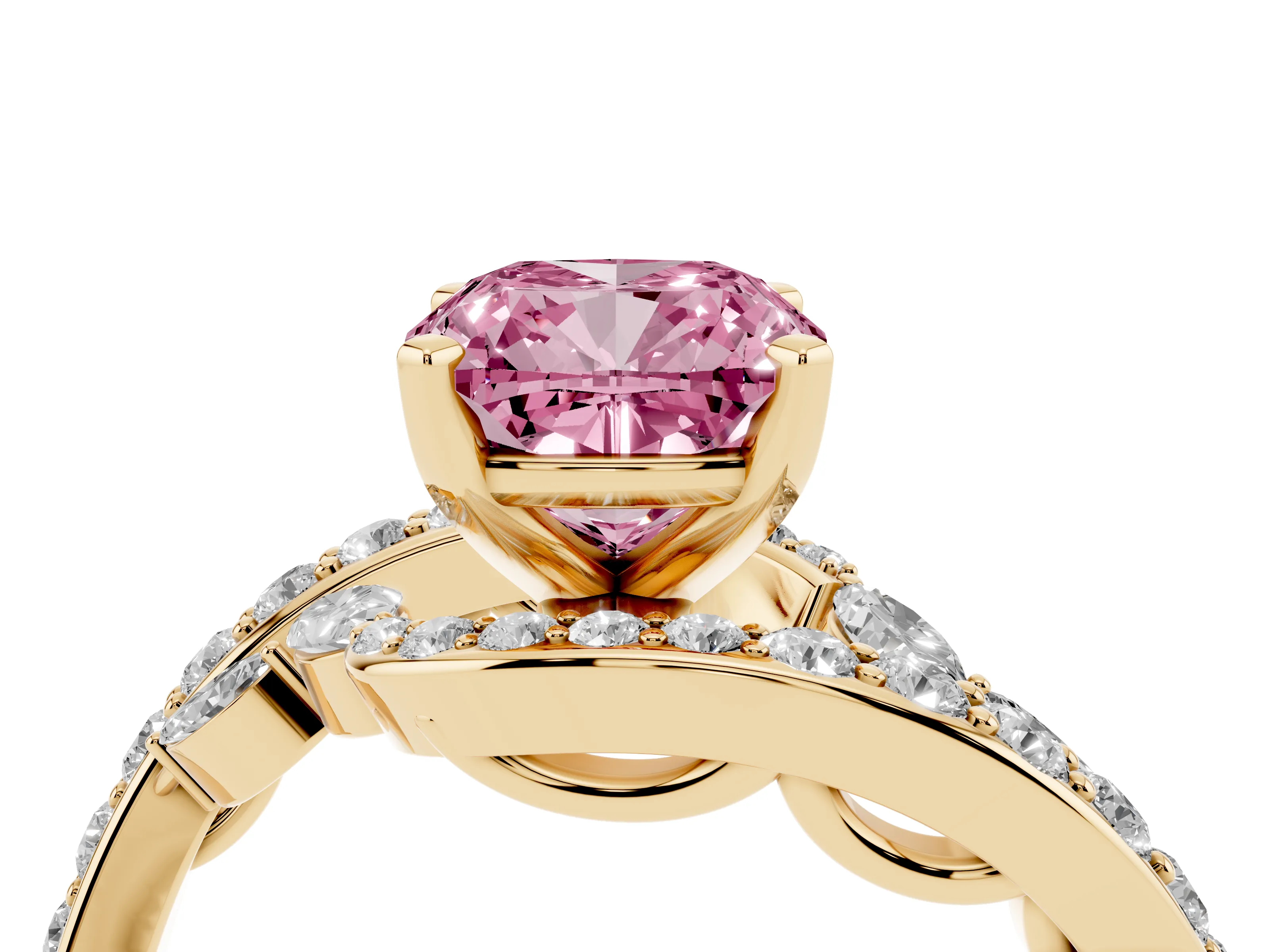 Fancy Pink Cushion Cut Diamond Solitaire Ring Set in Yellow gold with Pavé Twist Band and Secure Prong Setting