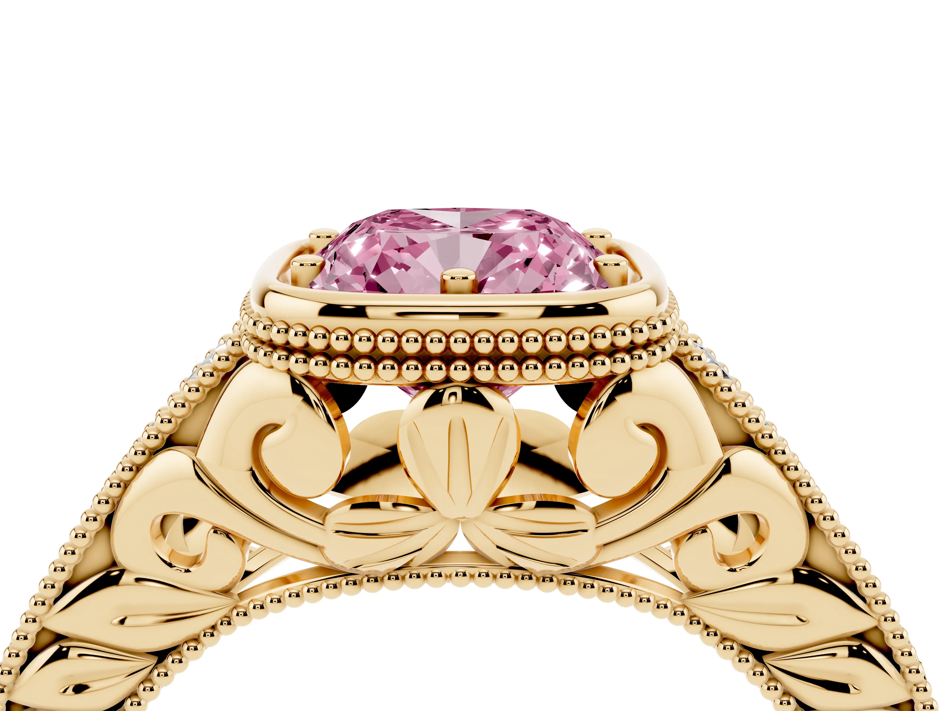 Fancy Pink Bezel Set Cushion Cut Diamond Milgrain Pavé Engagement Ring Set in Yellow gold