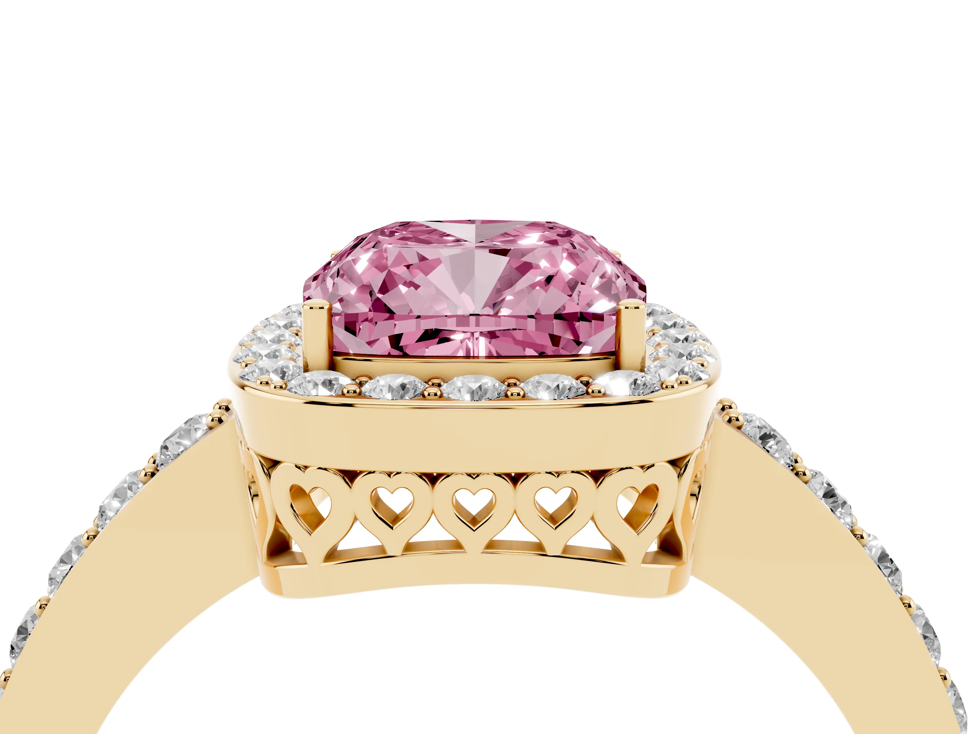 Fancy Pink Cushion Cut Diamond Halo Ring Set in Yellow gold with Pavé-Setting Band and Open Prong Center