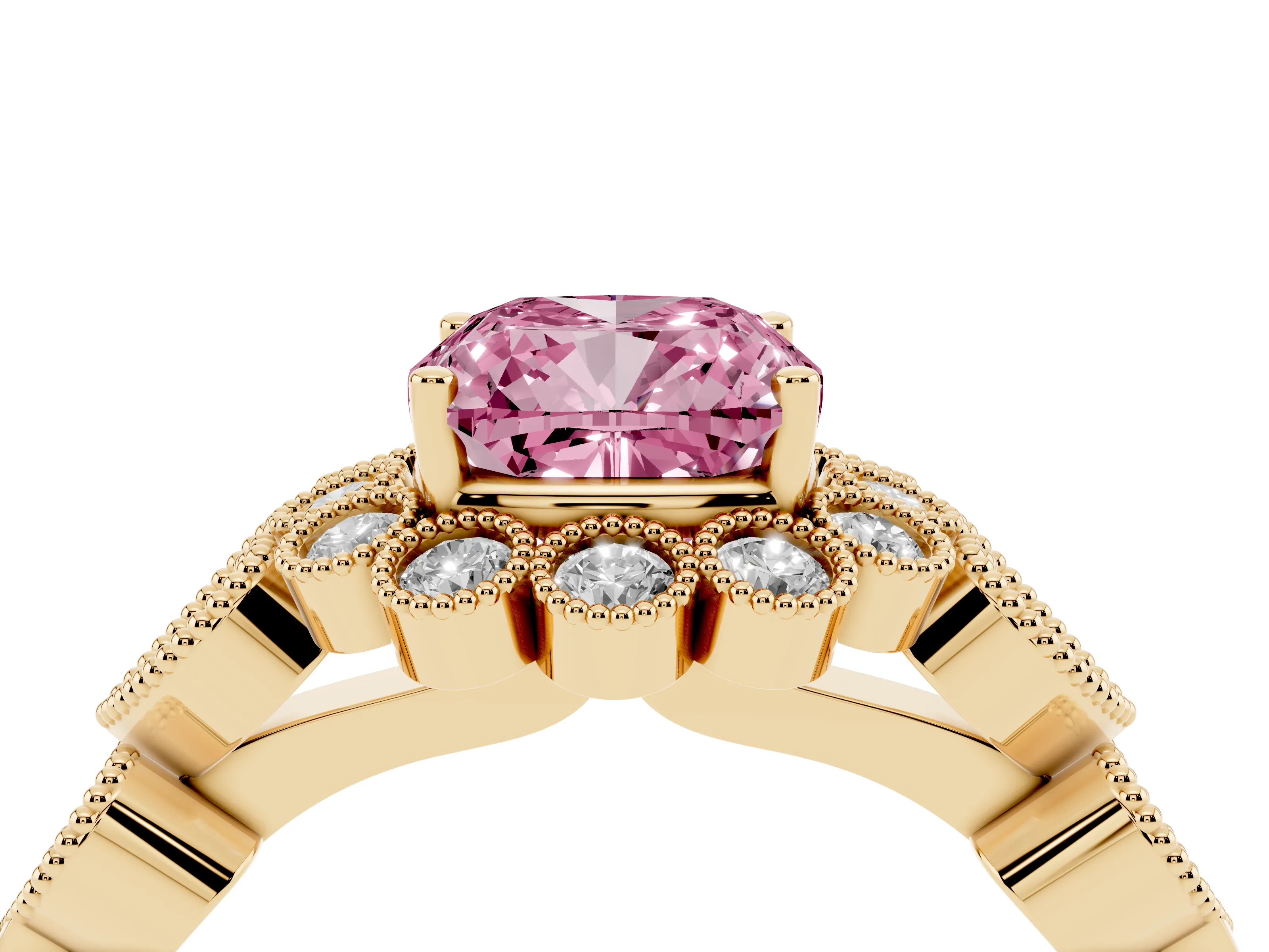Fancy Pink Cushion Cut Diamond Solitaire Ring Set in Yellow gold with Milgrain Pavé Heart Band