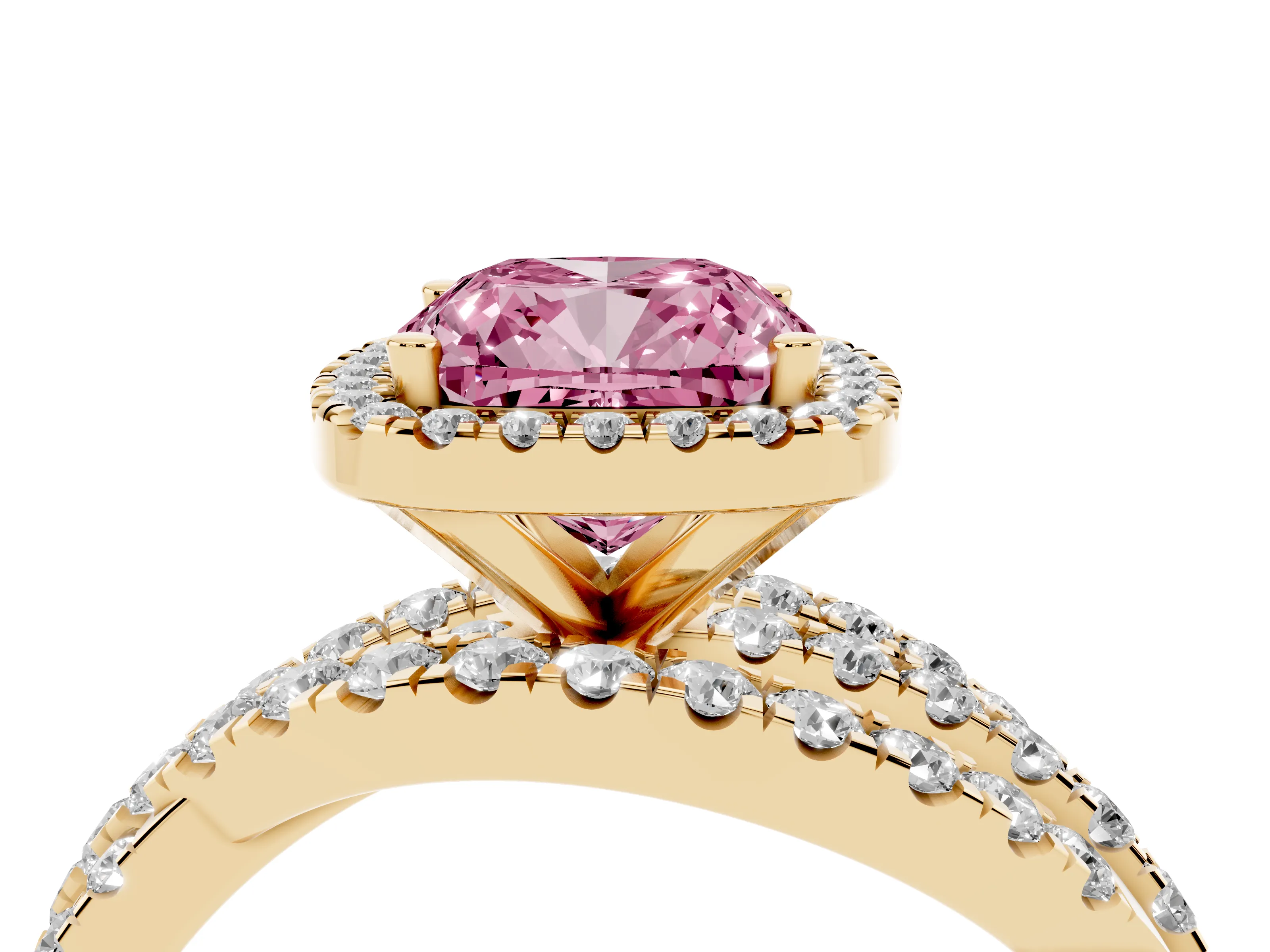 Fancy Pink Cushion Cut Diamond Halo Ring Set in Yellow gold with Round Crossover Split Shank and Prong Setting