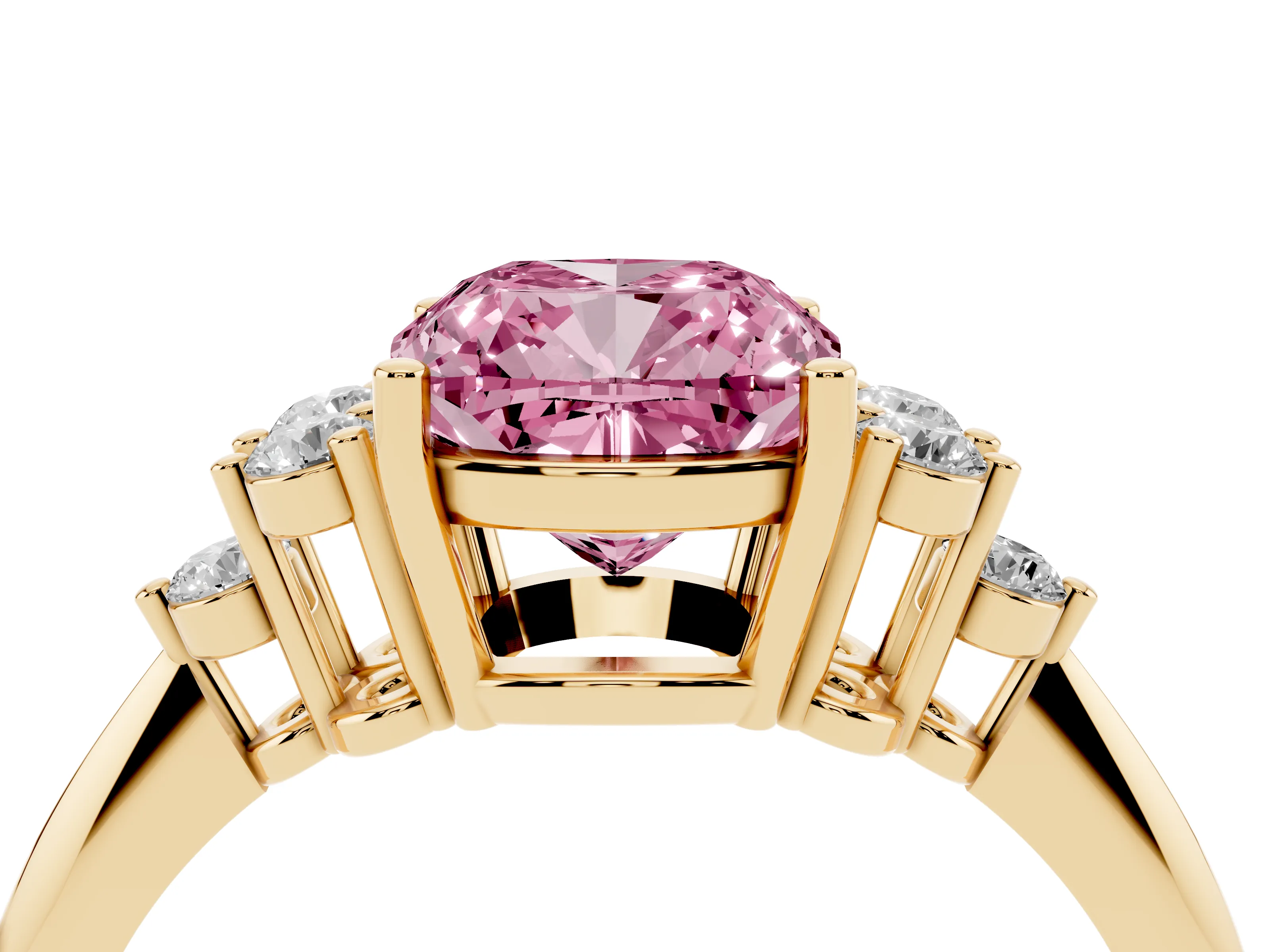 Fancy Pink Cushion Cut Diamond Cluster Ring Set in Yellow gold with Plain Band and Prong Setting