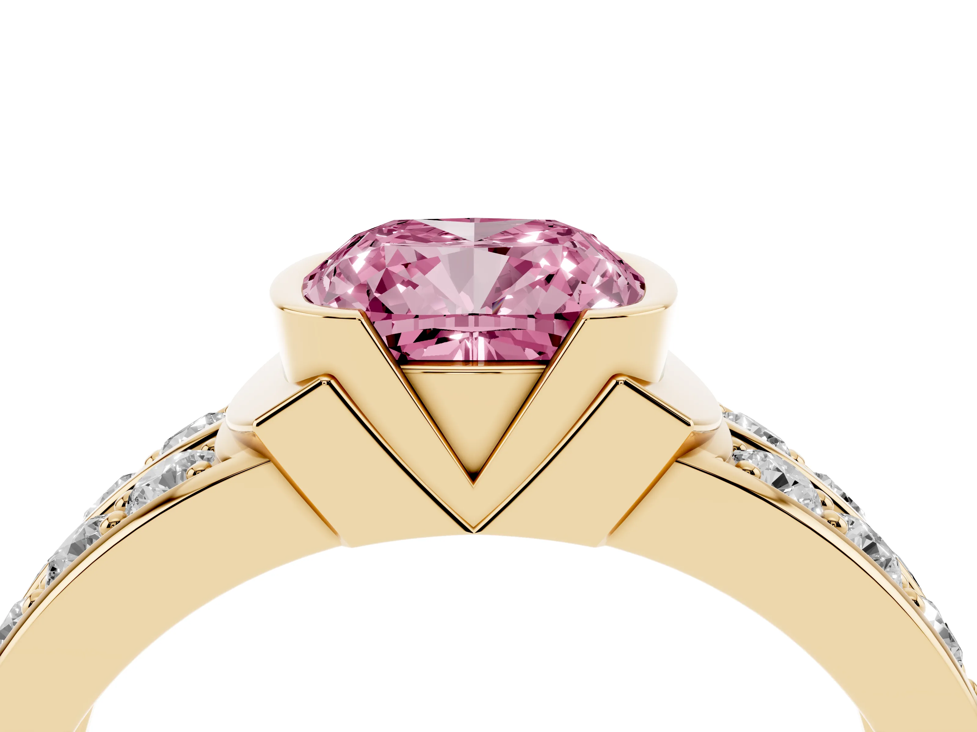 Fancy Pink Cushion Cut Diamond Wide Channel Set Band Ring Set in Yellow gold with Bezel Setting