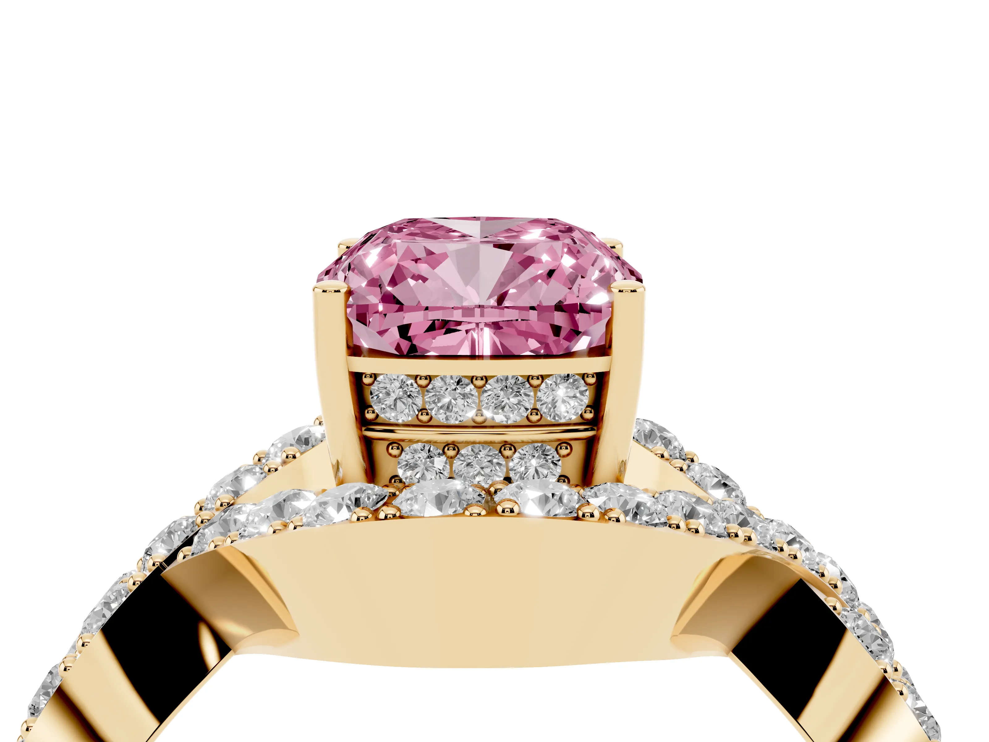 Fancy Pink Cushion Cut Diamond Solitaire Twist Band Pavé Engagement Ring Set in Yellow gold
