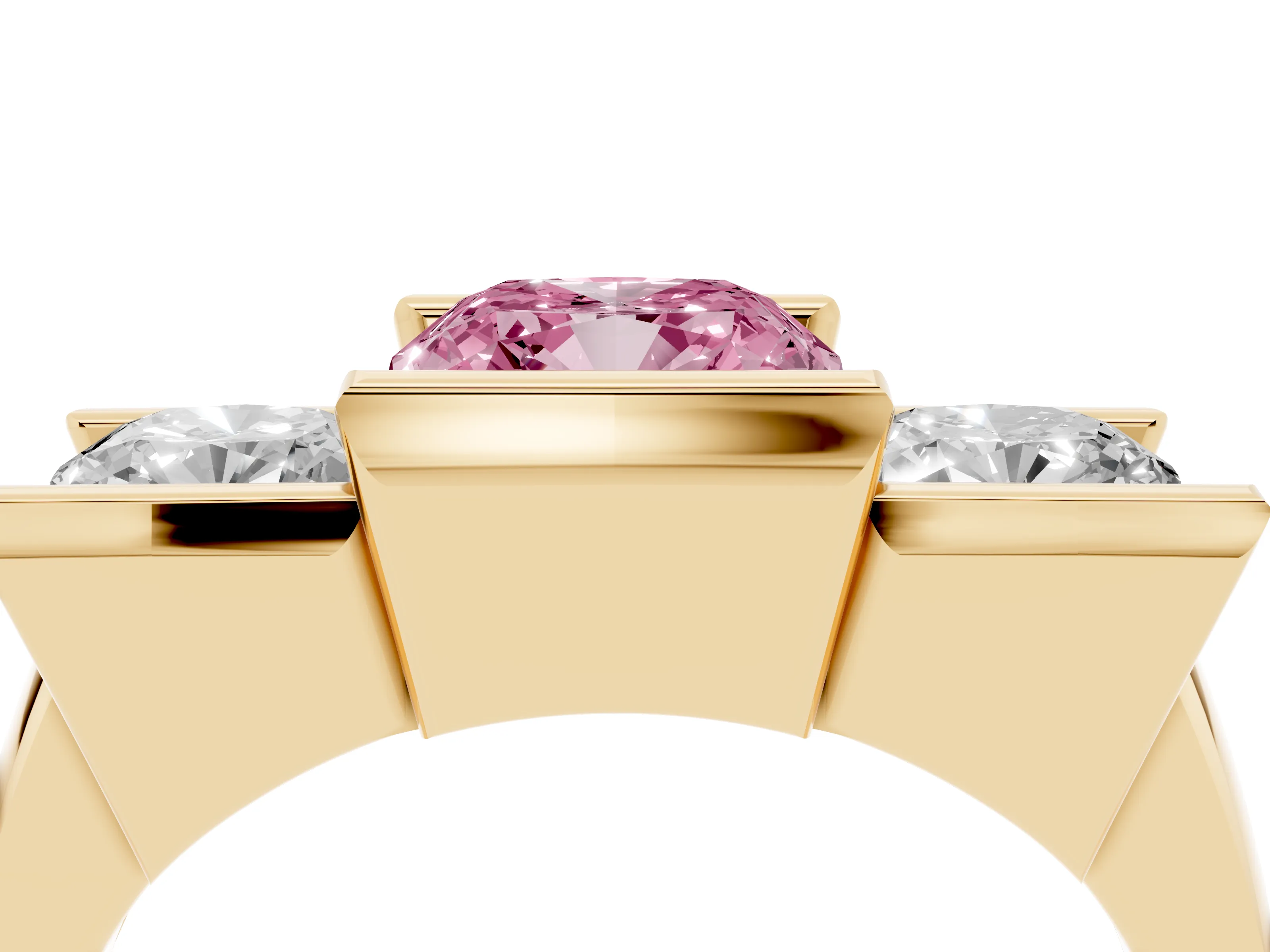 Fancy Pink Cushion Cut Diamond Three-Stone Channel Set Ring Set in Yellow gold with Smooth Polished Band