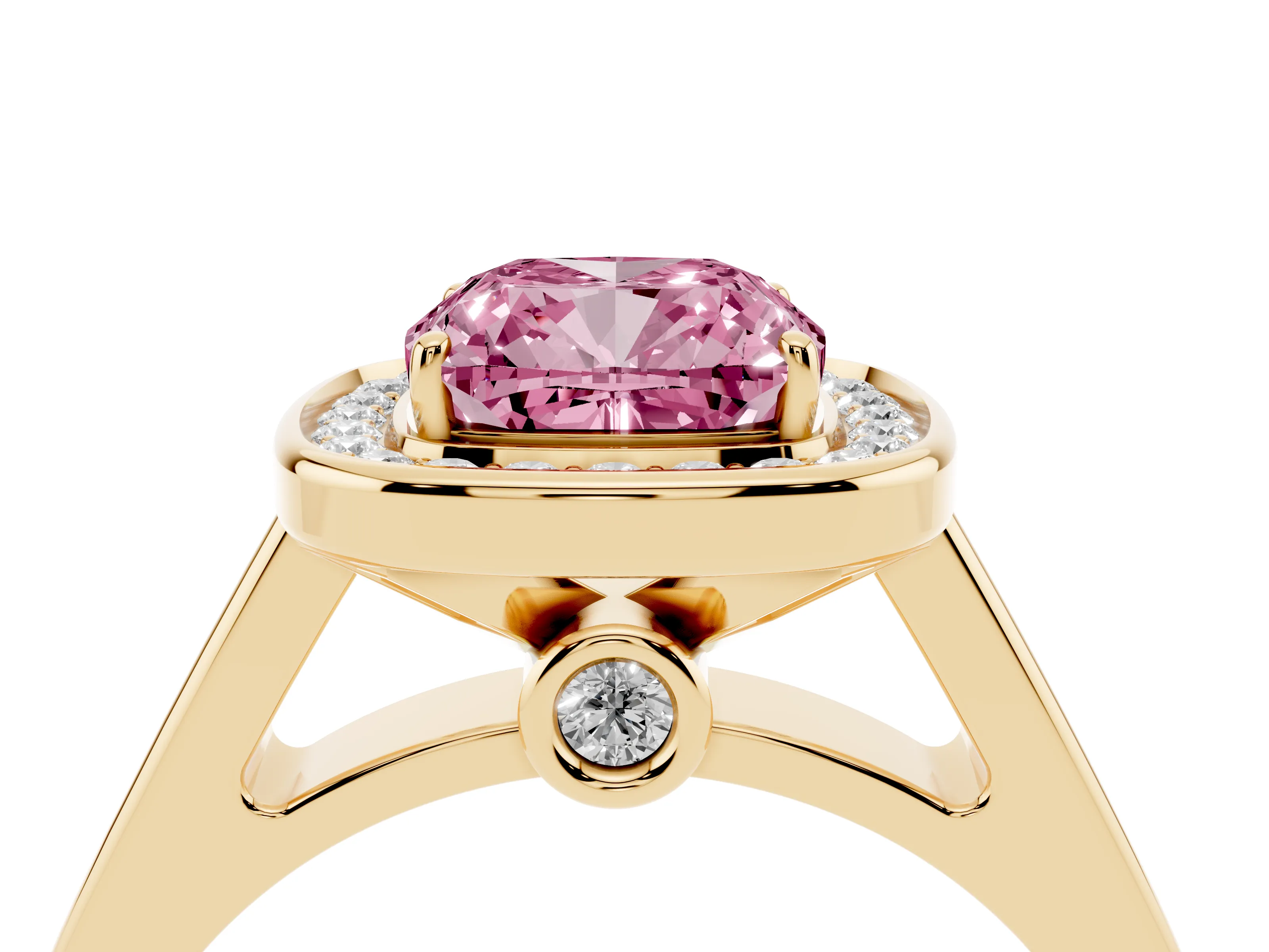 Fancy Pink Cushion Cut Diamond Halo Solitaire Ring Set in Yellow gold with Pavé Band and Bezel Setting