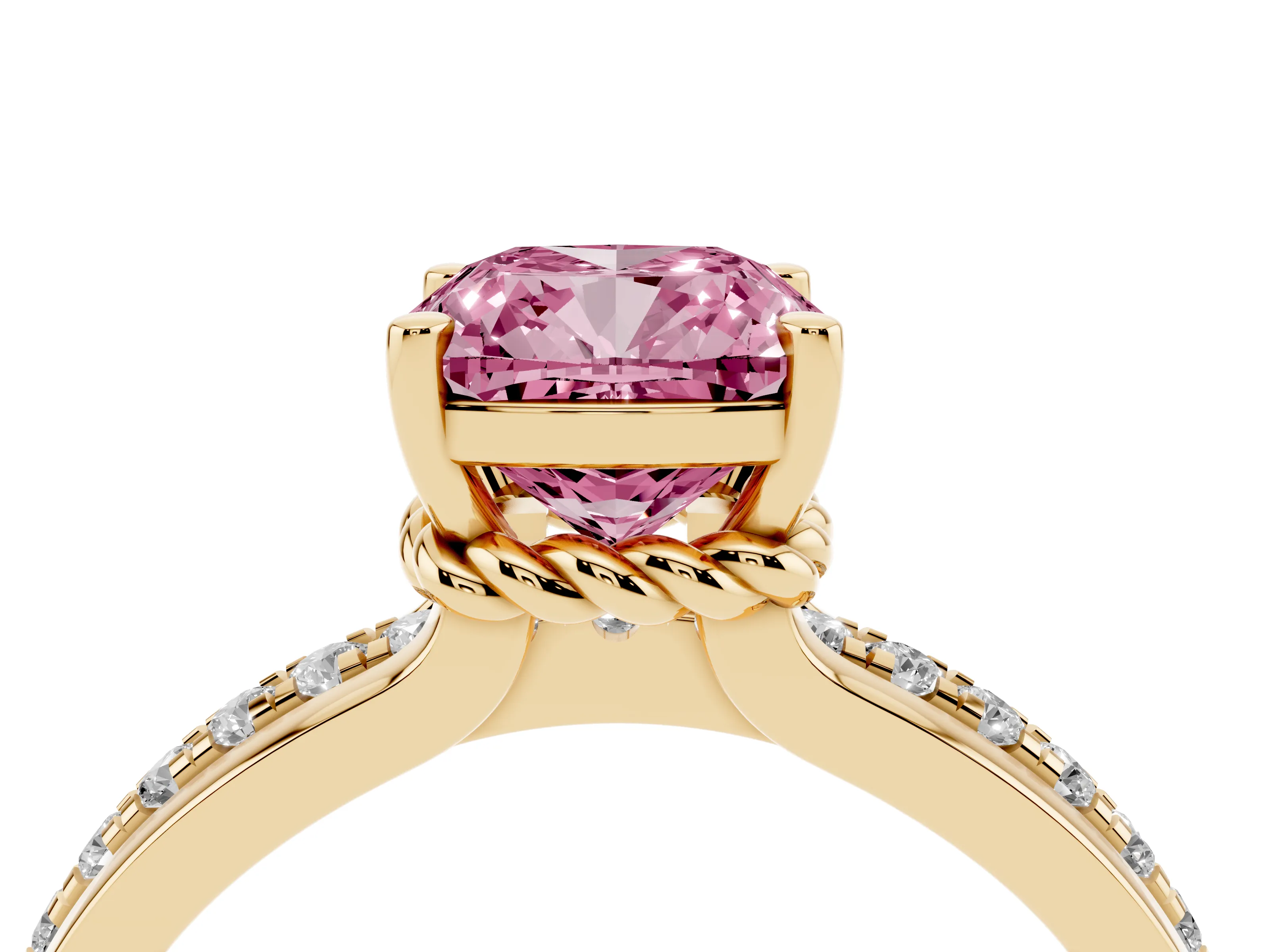Fancy Pink Cushion Cut Diamond Solitaire Ring Set in Yellow gold with Channel Set Band and Prong Setting