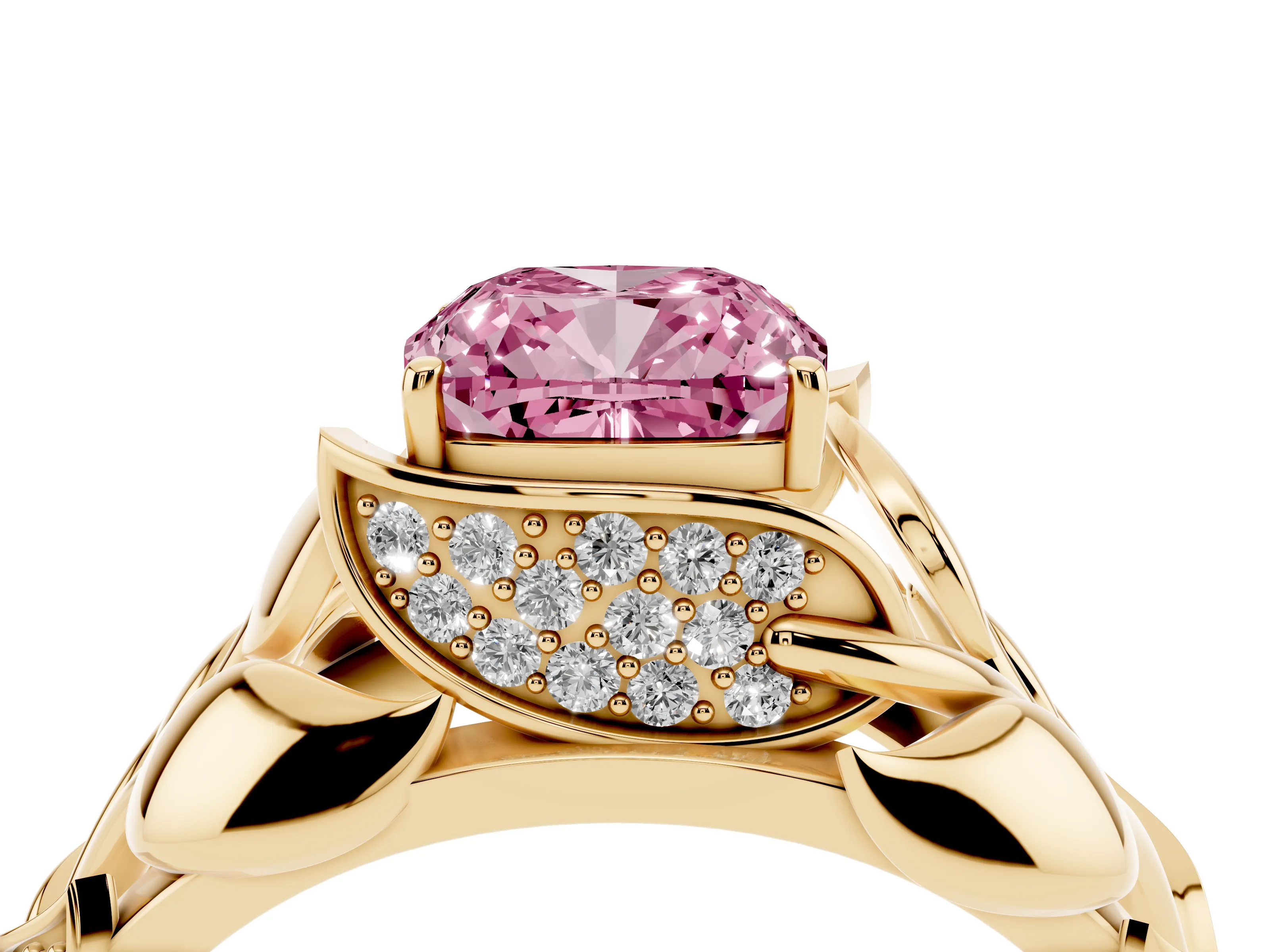 Fancy Pink Cushion Cut Diamond Leaf-Inspired Engagement Ring Set in Yellow gold with Round Accents