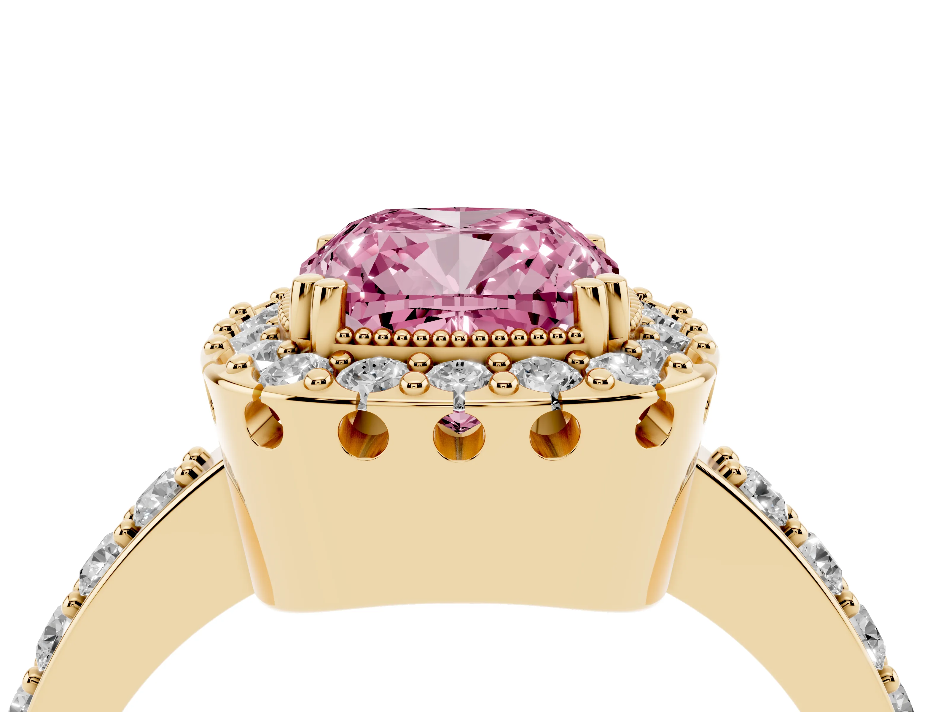 Fancy Pink Cushion Cut Diamond Halo Ring Set in Yellow gold with Pavé Shank and Prong Setting