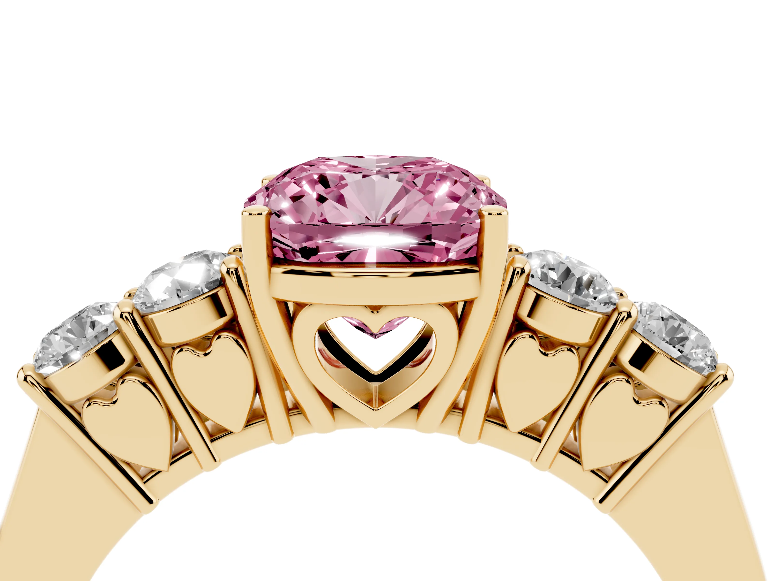 Fancy Pink Cushion Cut Diamond Five-Stone Prong Set Band Ring Set in Yellow gold with Polished Band