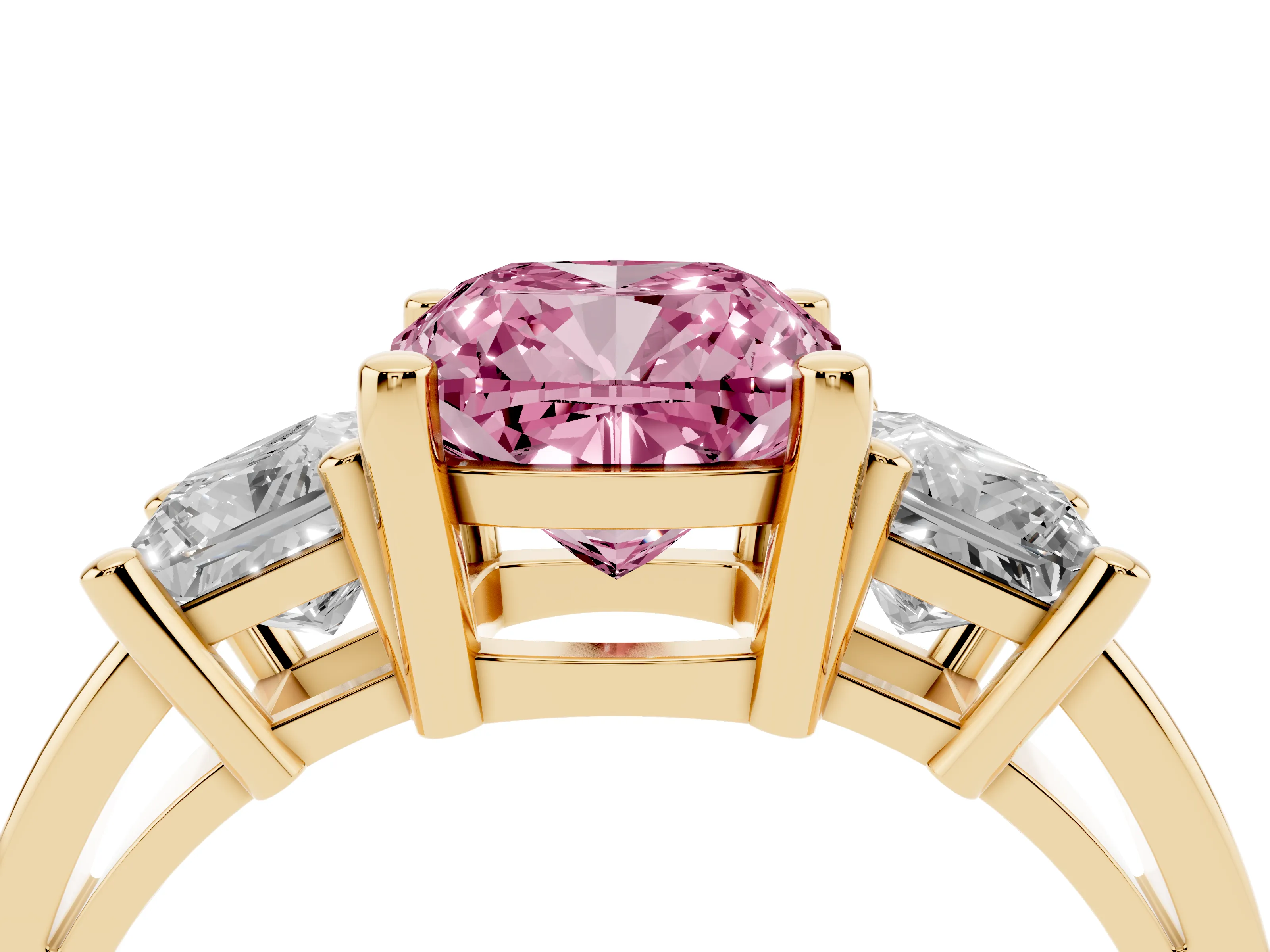 Fancy Pink Three-Stone Cushion Cut Diamond Solitaire Ring Set in Yellow gold with Prong Setting