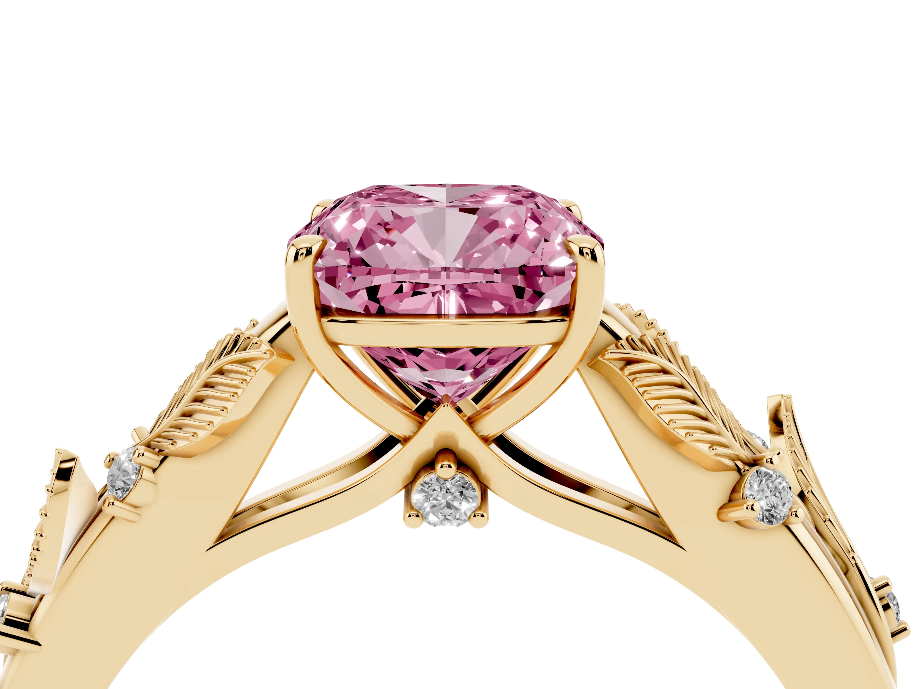Fancy Pink Cushion Cut Diamond Solitaire Ring Set in Yellow gold with Leaf Motif Band