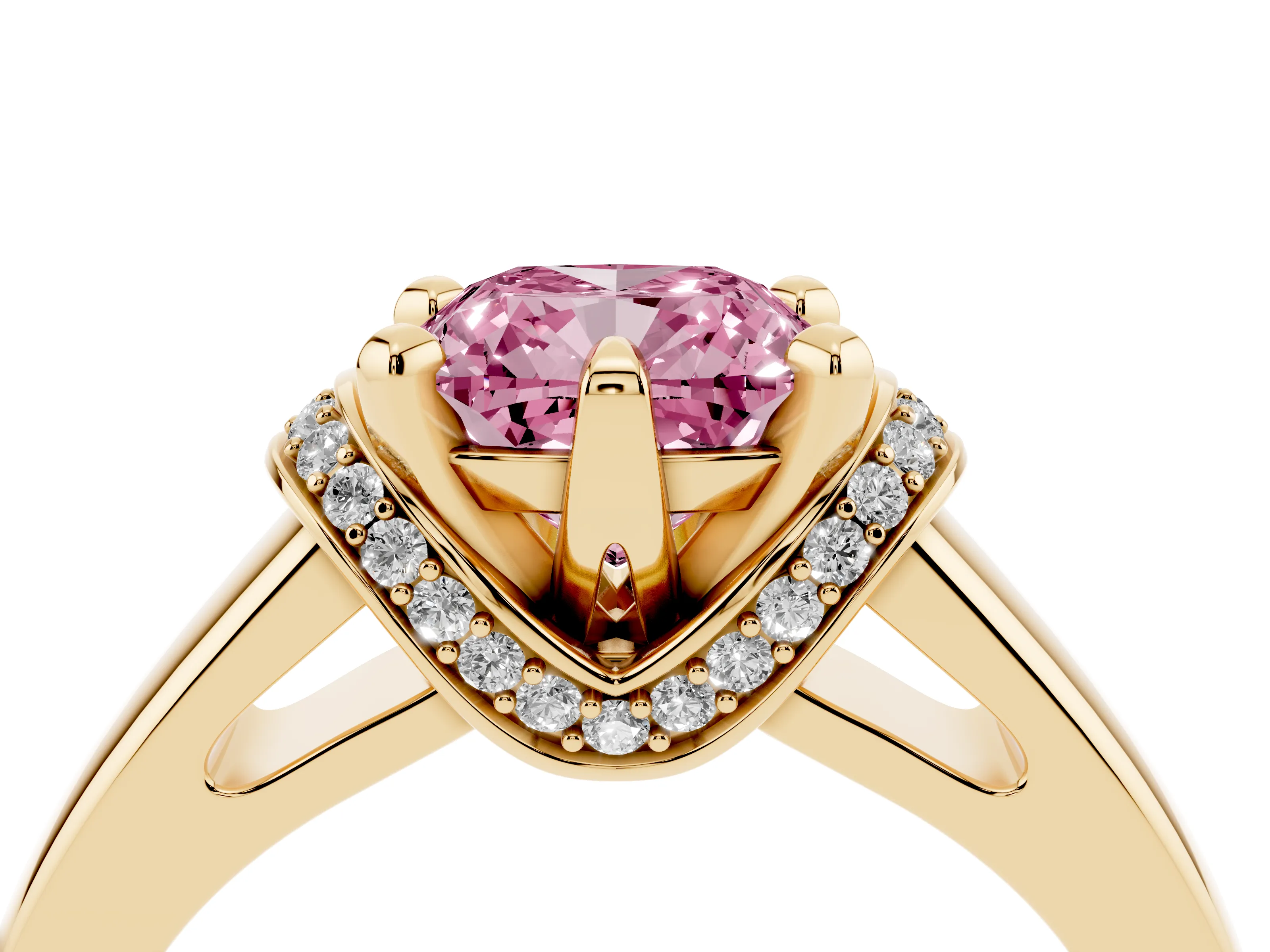 Fancy Pink Cushion Cut Diamond Pavé Band Solitaire Ring Set in Yellow gold with Prong Setting