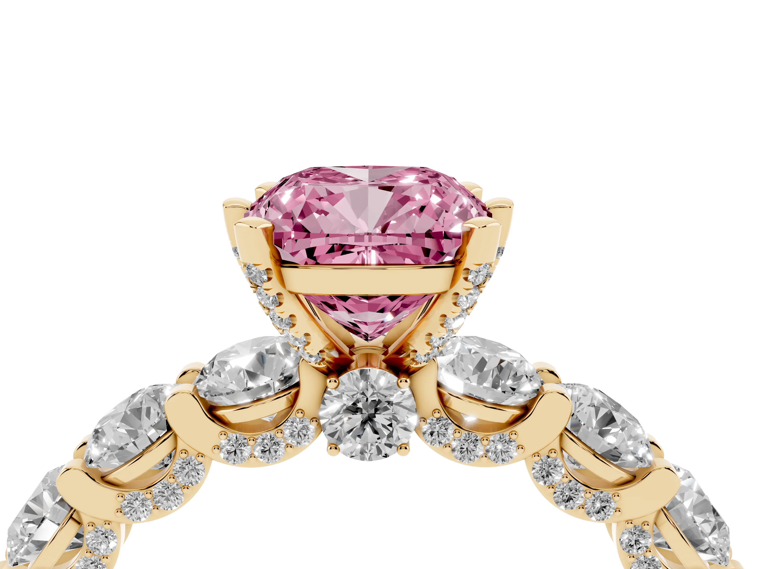 Fancy Pink Cushion Cut Diamond Side Stone Ring Set in Yellow gold with Alternating Round and Oval Side Stones