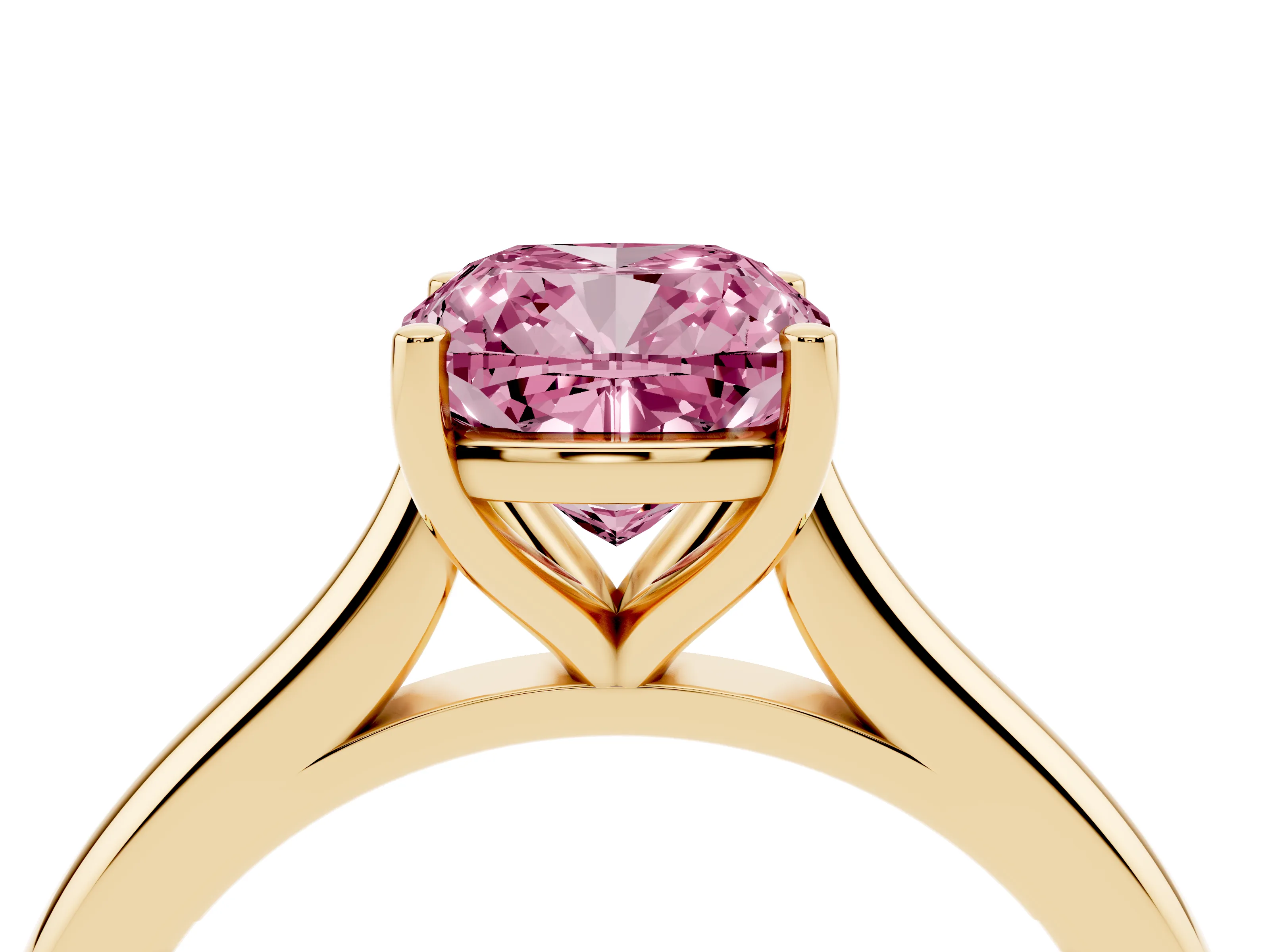Fancy Pink Cushion Cut Diamond Solitaire Ring Set in Yellow gold with Cathedral Band and Prong Setting
