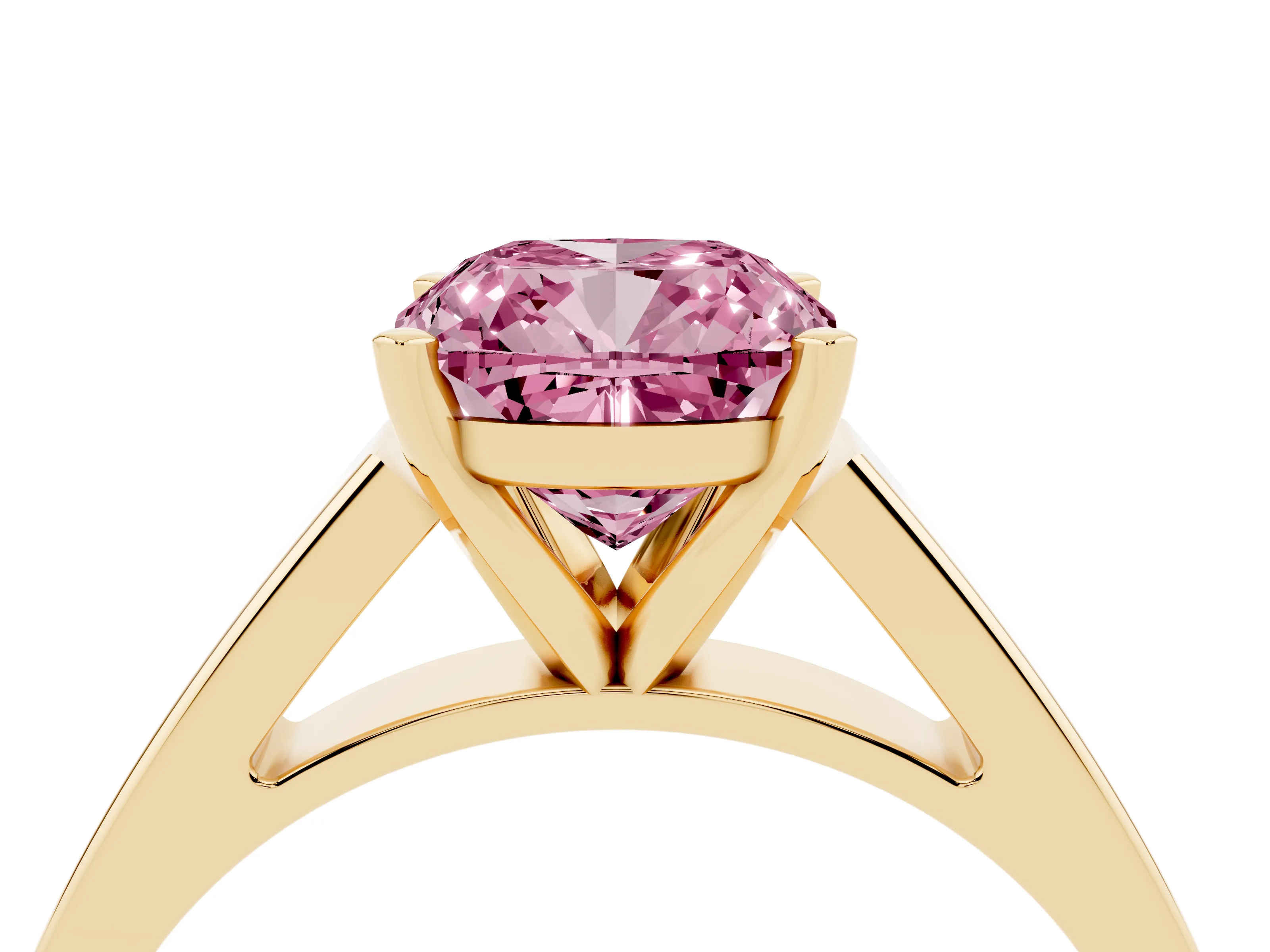 Fancy Pink Cushion Cut Diamond Solitaire Engagement Ring Set in Yellow gold with Prong Setting and Tapered Band