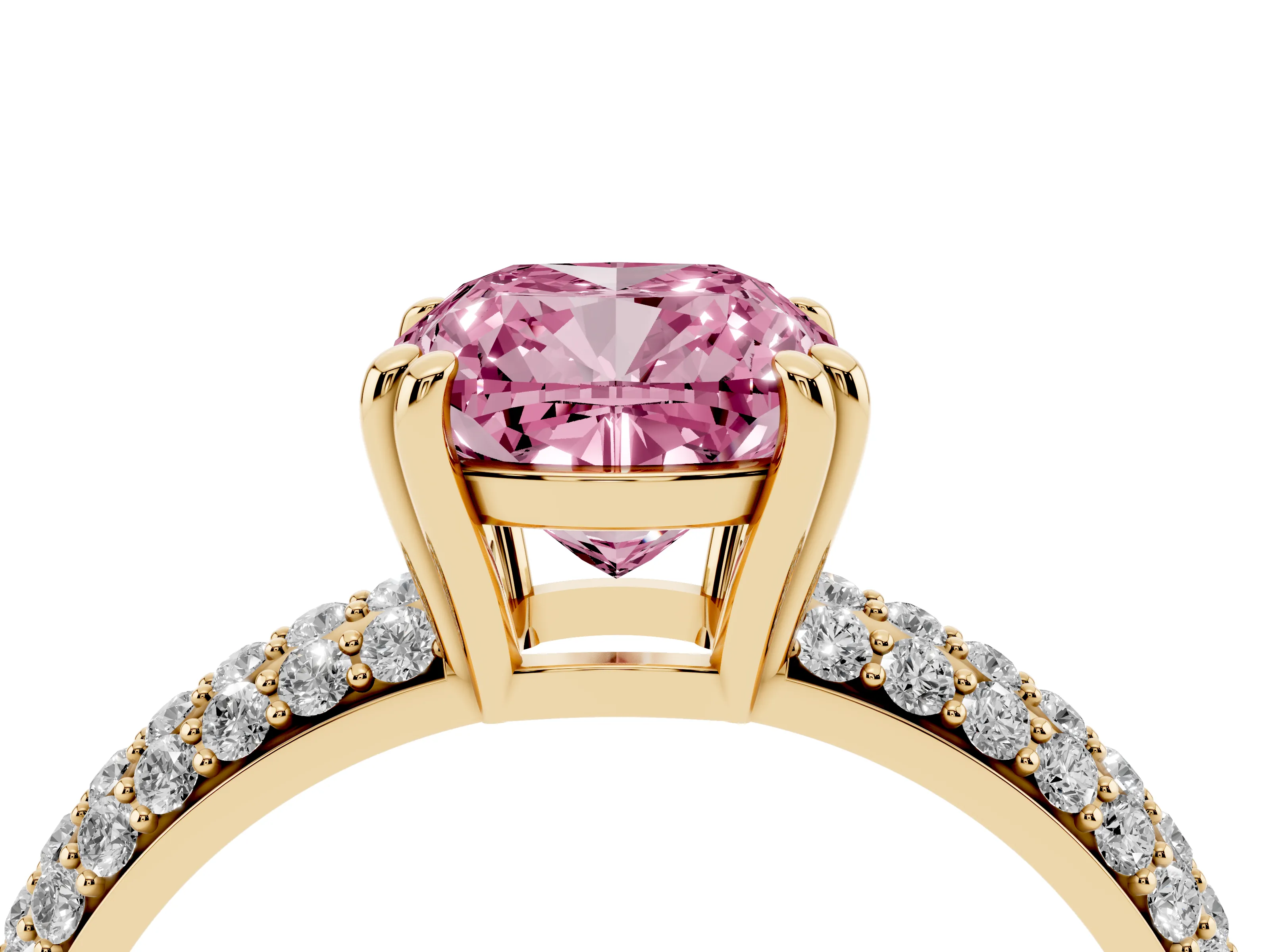 Fancy Pink Cushion Cut Diamond Solitaire Ring Set in Yellow gold with Multi-Row Round Pavé Band and Prong Setting