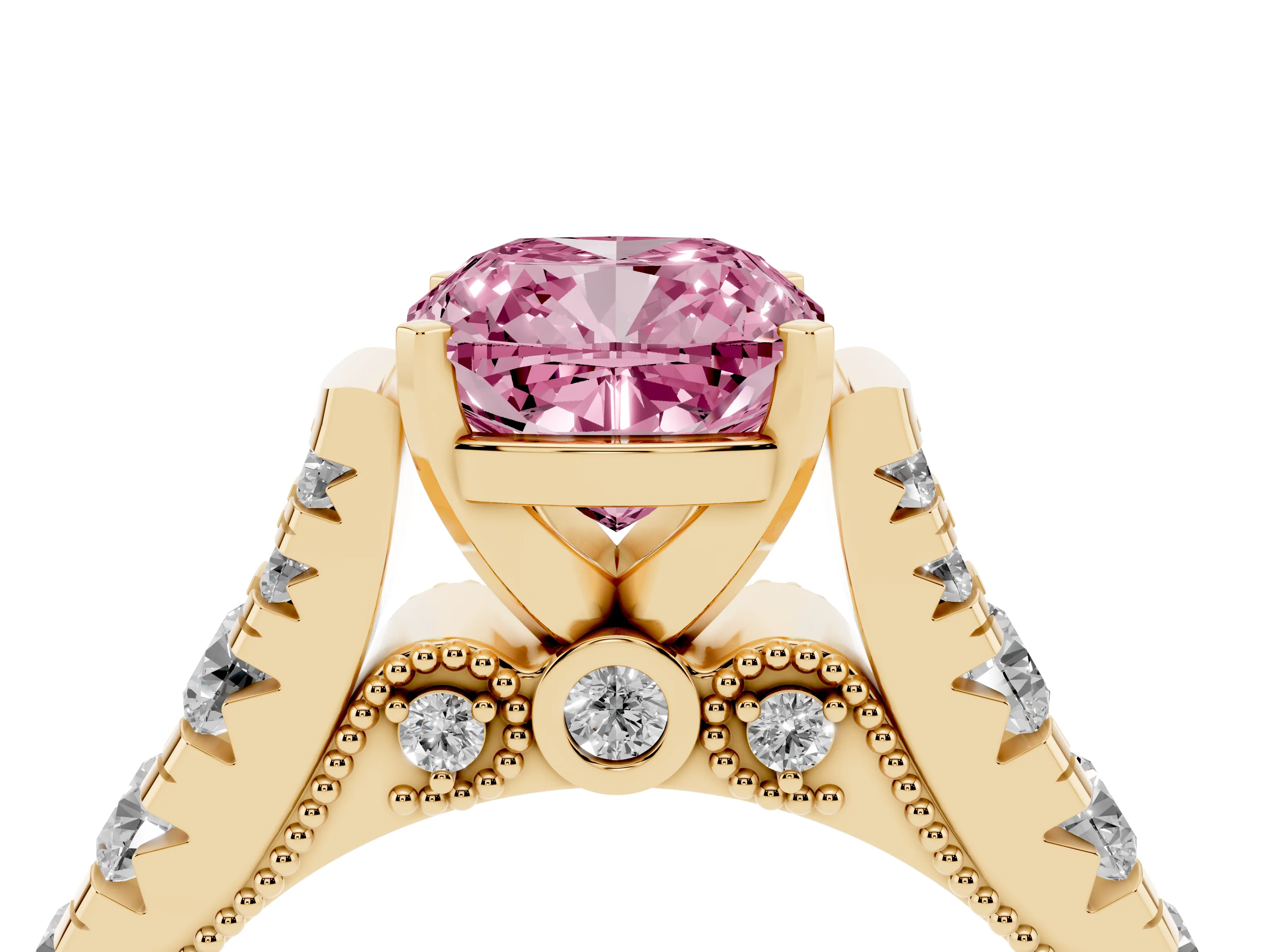 Fancy Pink Cushion Cut Diamond Classic Solitaire Ring Set in Yellow gold with Pavé Band and Prong Setting
