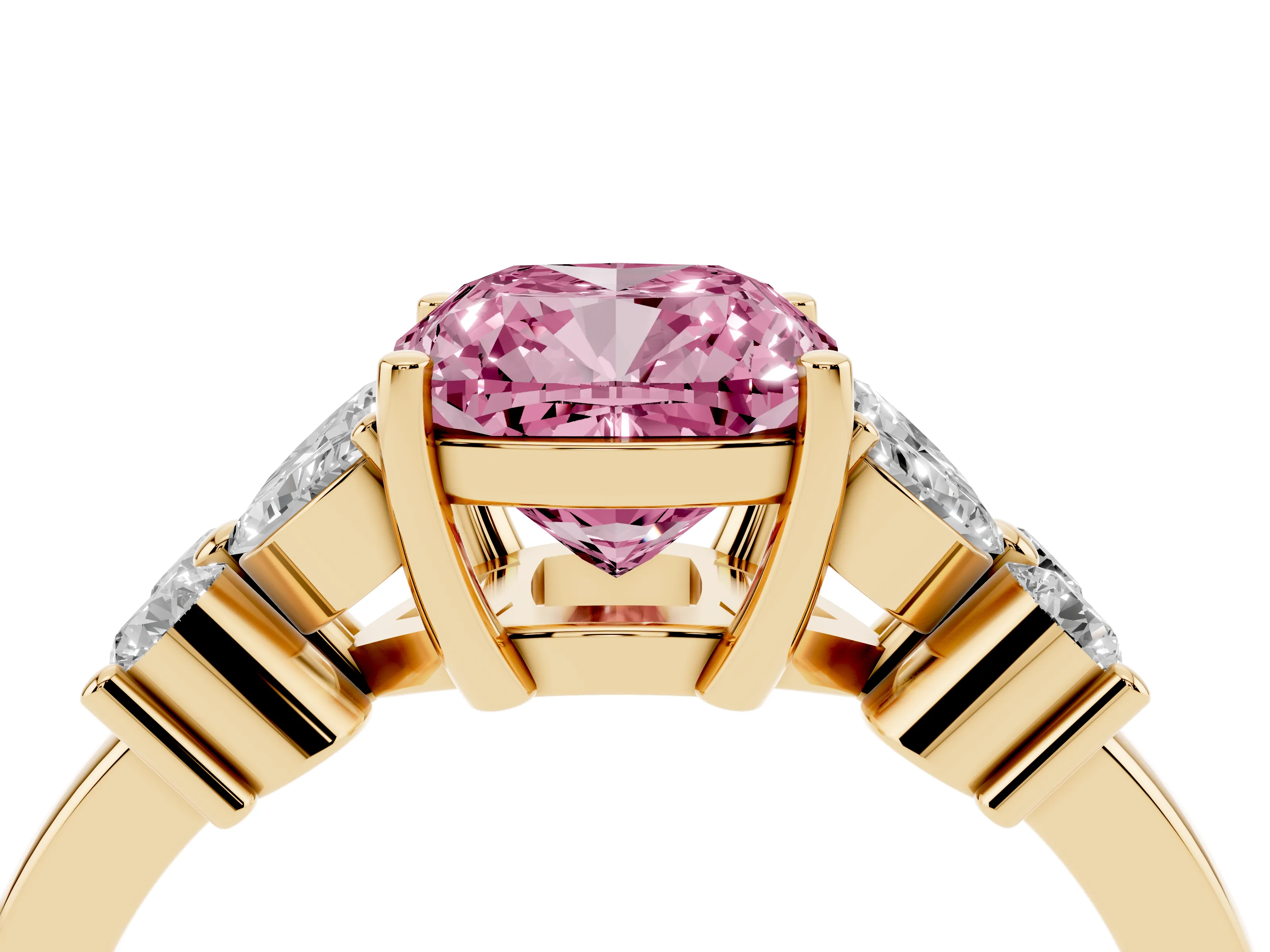 Fancy Pink Cushion Cut Diamond Floral Cluster Ring Set in Yellow gold with Marquise Petals and Prong Setting