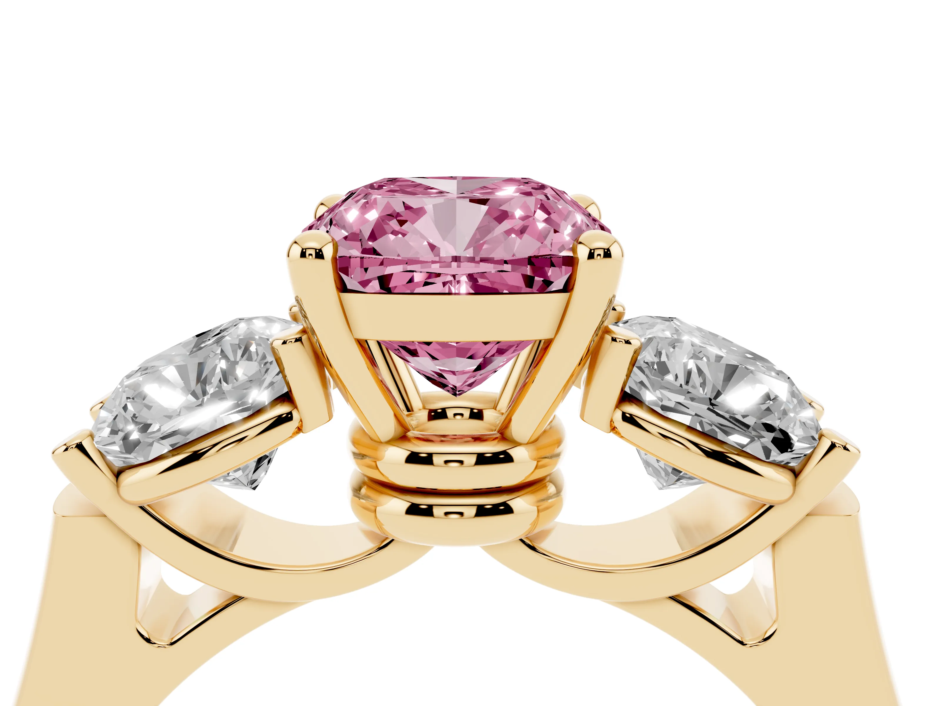 Fancy Pink Cushion Cut Diamond Three-Stone Trellis Ring Set in Yellow gold with Comfort Fit Band