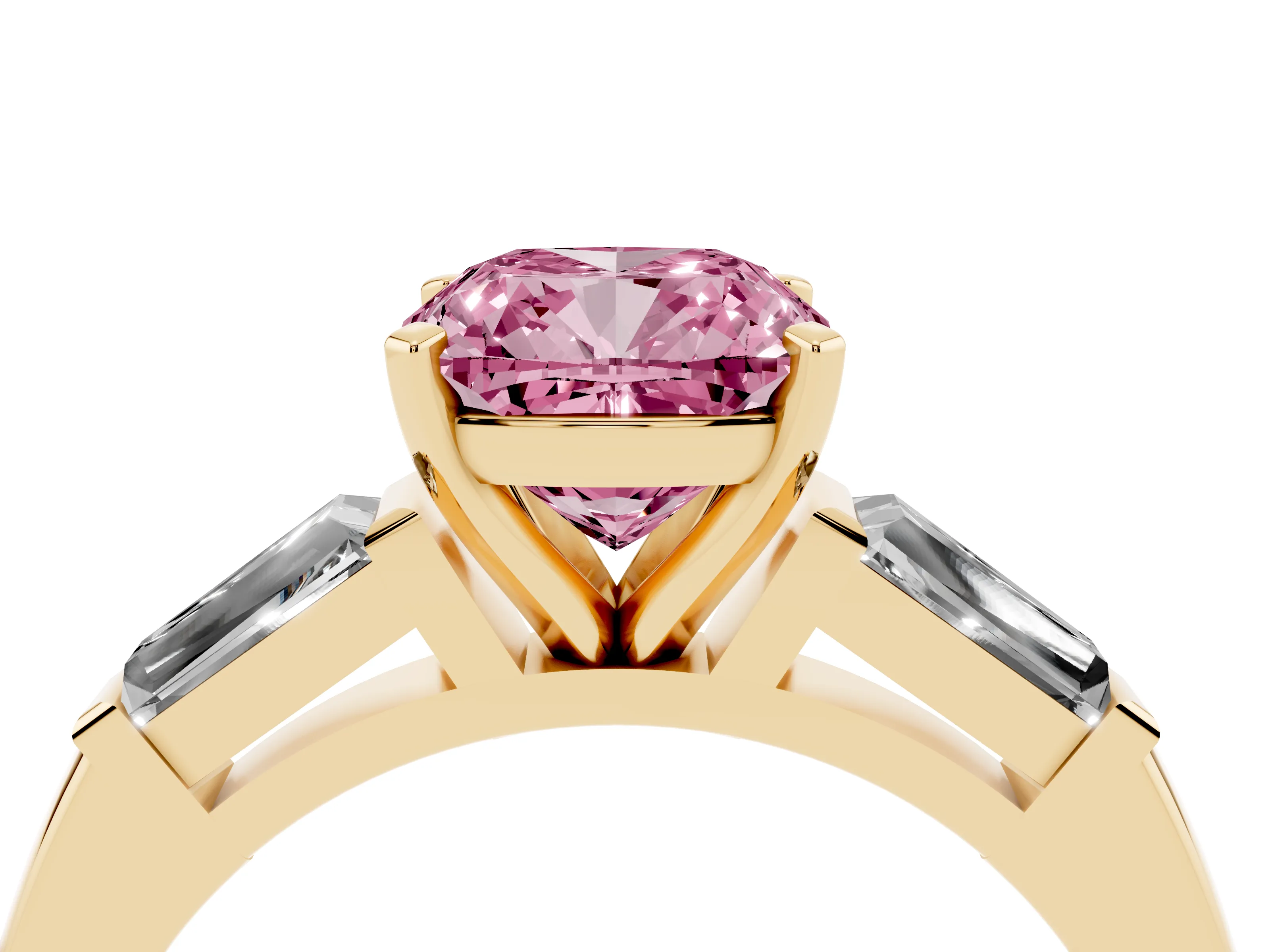 Fancy Pink Cushion Cut Diamond Solitaire Ring Set in Yellow gold with Tapered Baguette Side Stones and Prong Setting